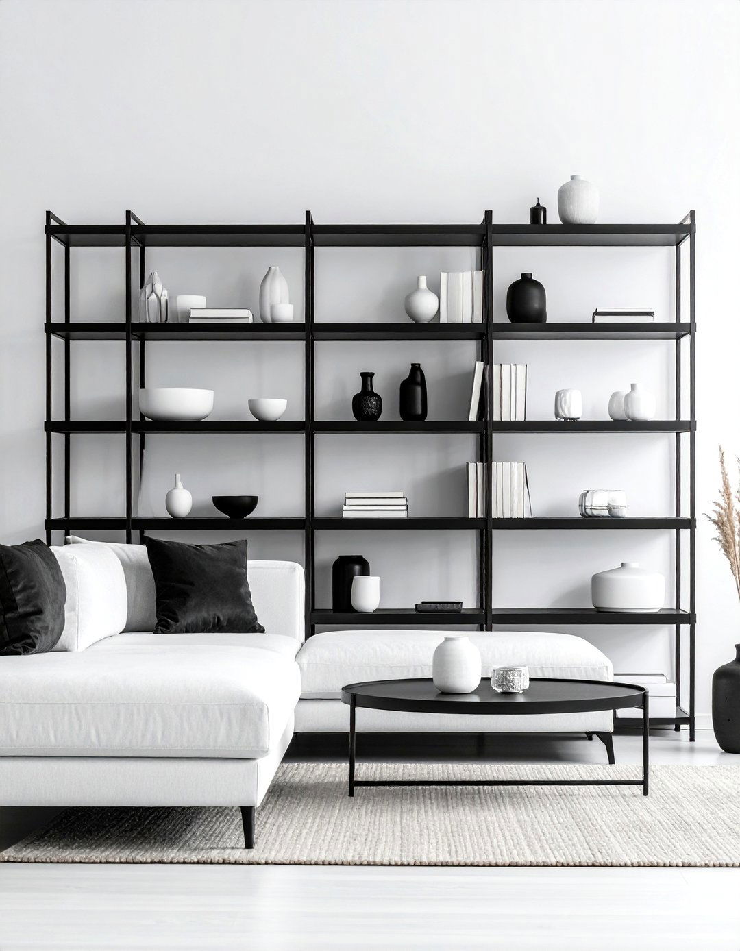 Black and White Living Room with Open Shelving - 30 Black and White Living Room Ideas for Timeless Style