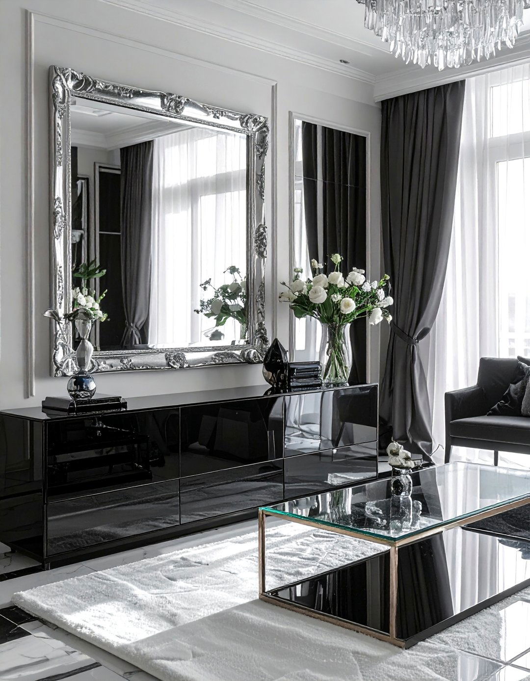 Black and White Living Room with Reflective Surfaces - 30 Black and White Living Room Ideas for Timeless Style