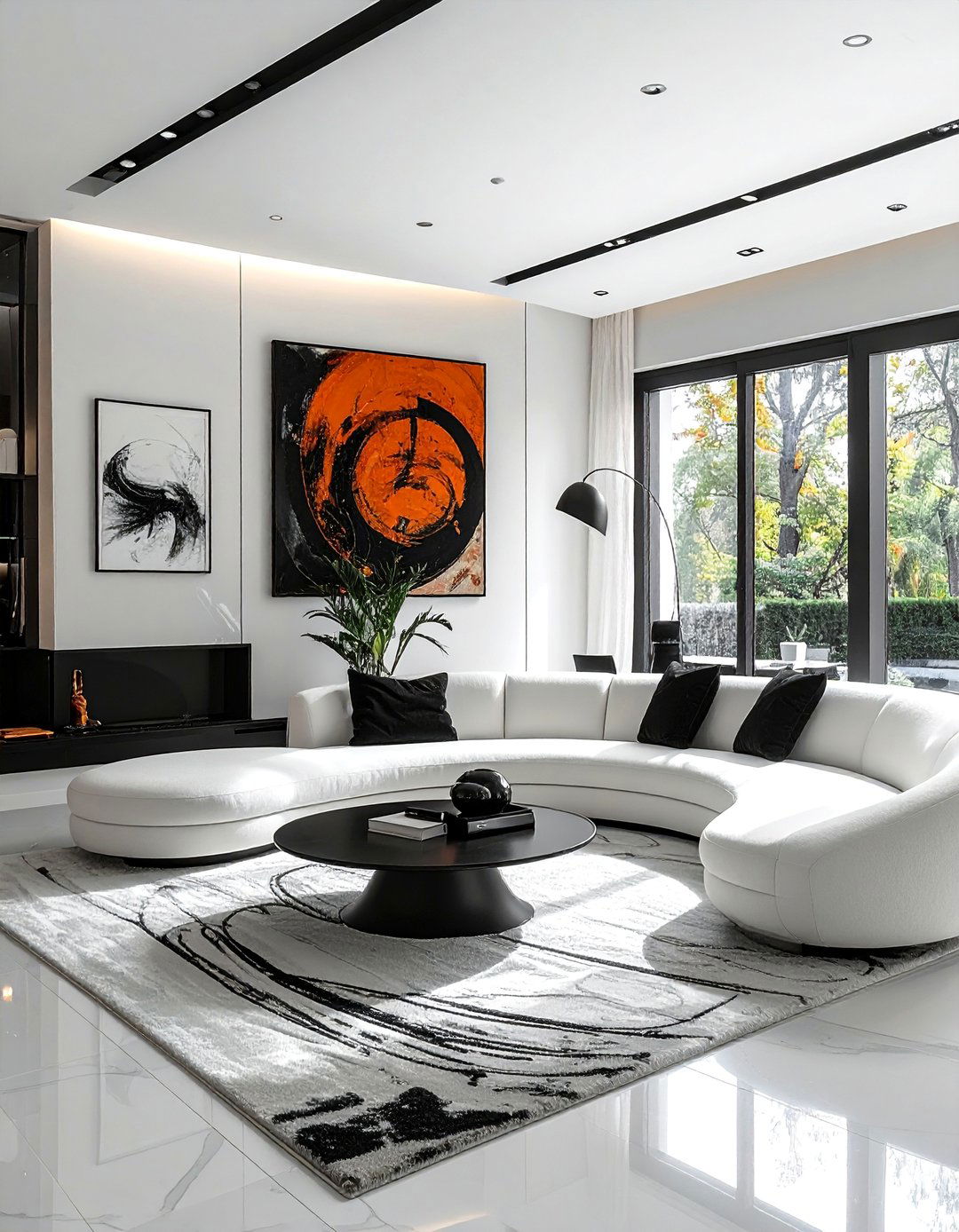Black and White Living Room with a Curved Sofa - 30 Black and White Living Room Ideas for Timeless Style