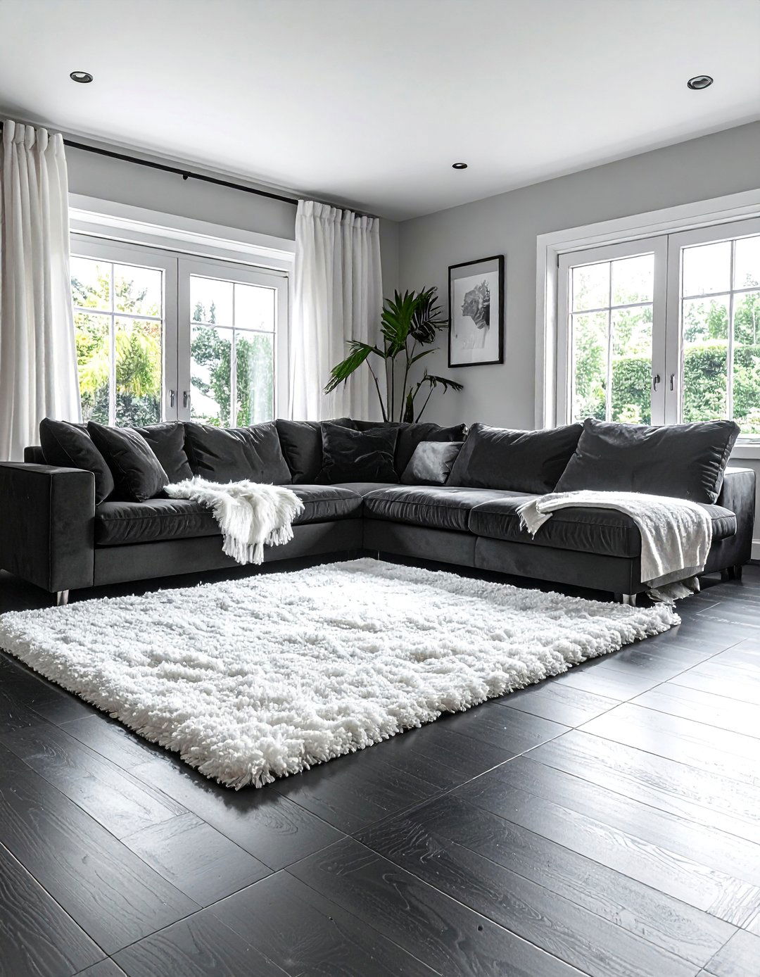 Black and White Living Room with a Plush Shag Rug - 30 Black and White Living Room Ideas for Timeless Style