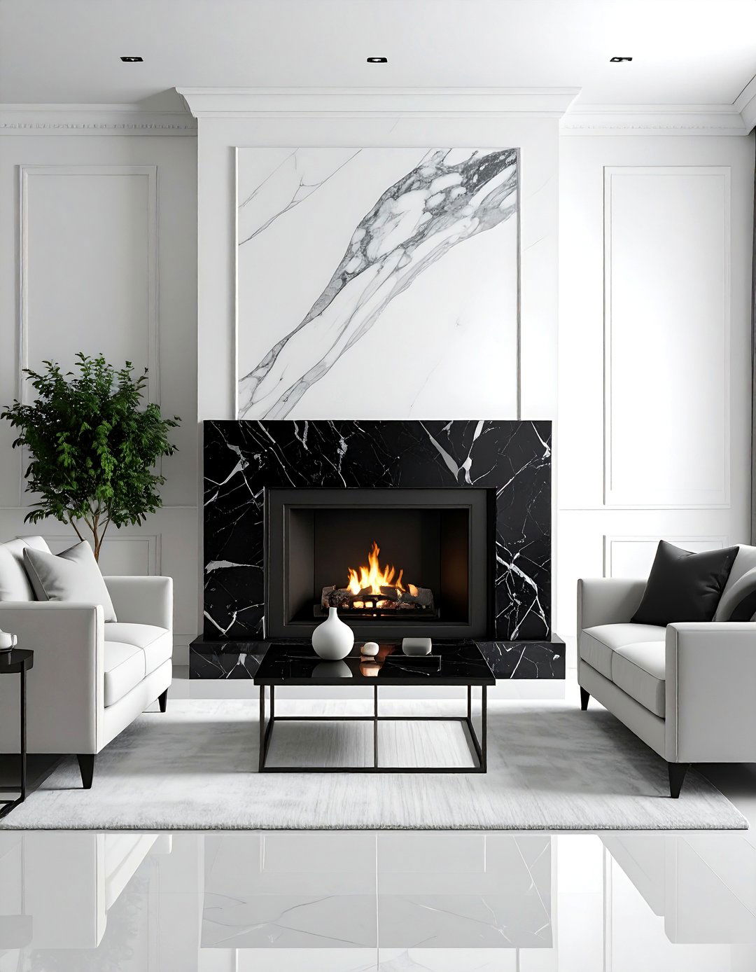 Black and White Living Room with a Statement Fireplace - 30 Black and White Living Room Ideas for Timeless Style
