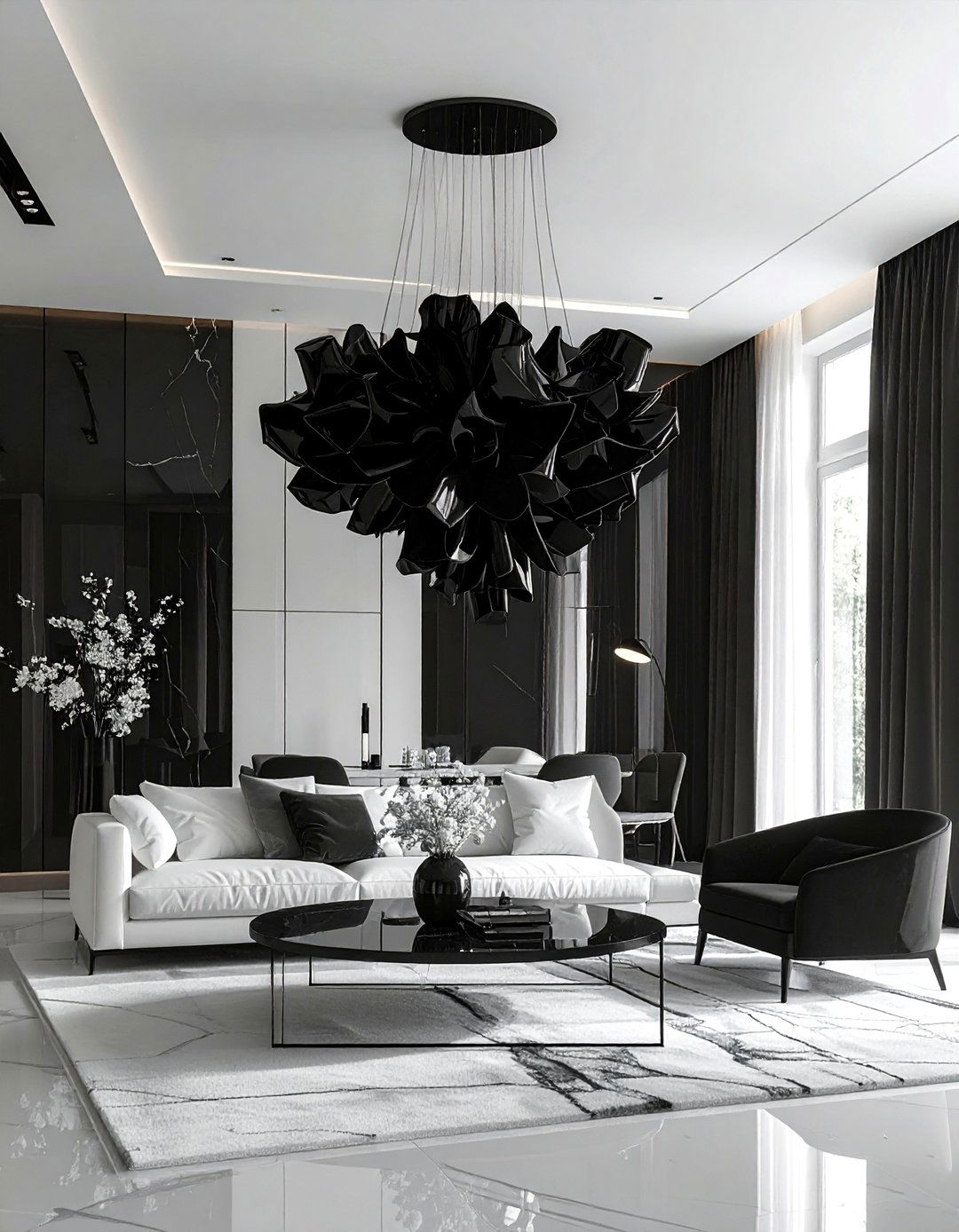 Black and White Living Room with a Statement Light Fixture - 30 Black and White Living Room Ideas for Timeless Style