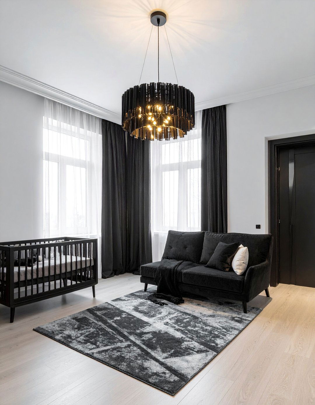 Black and White Nursery with a Modern Chandelier - 25 Black and White Nursery Ideas for Timeless Style