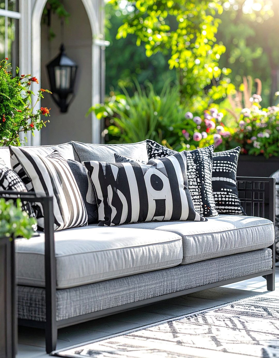 Black and White Patterned Throw Pillows - 20 Black and White Patio Ideas for Stylish Outdoor Spaces