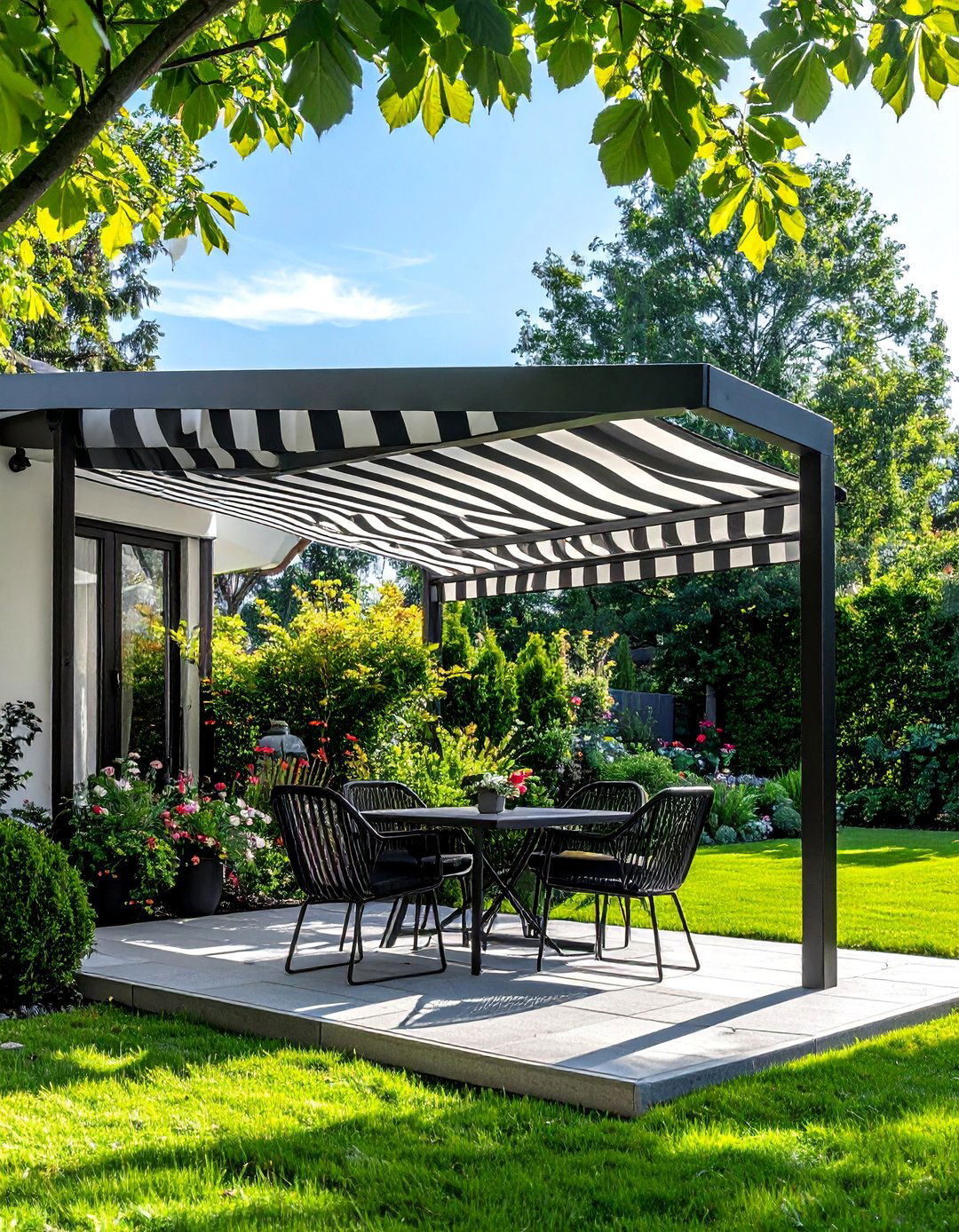 Black and White Striped Patio Awning - 20 Black and White Patio Ideas for Stylish Outdoor Spaces