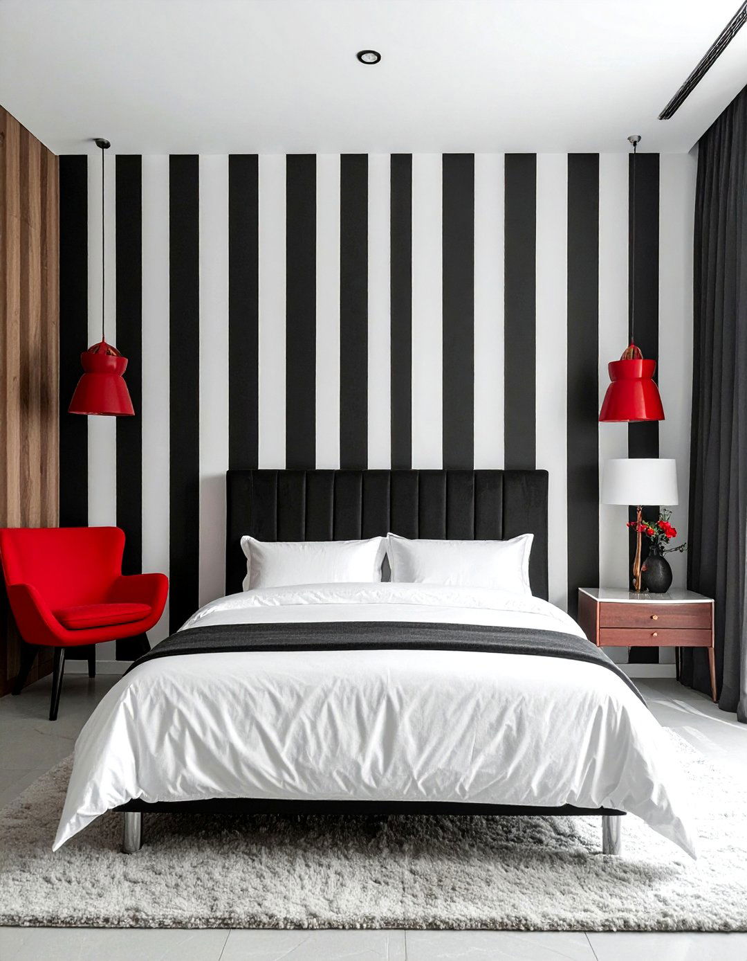 Black and White Striped Wall with Red Accents - 25 Red, Black, and White Bedroom Ideas for Bold Style