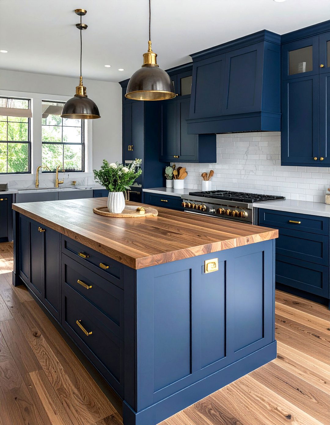 Blue Cabinets With Gold Hardware and a Butcher Block Countertop - 30 Blue Kitchen Cabinets With Gold Hardware Ideas