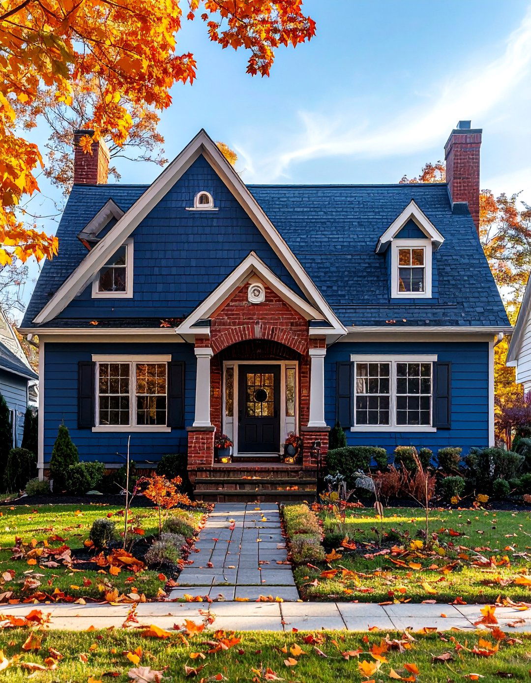 Blue Exterior Paired with Brick Elements - 30 Blue Exterior House Paint Ideas for Curb Appeal
