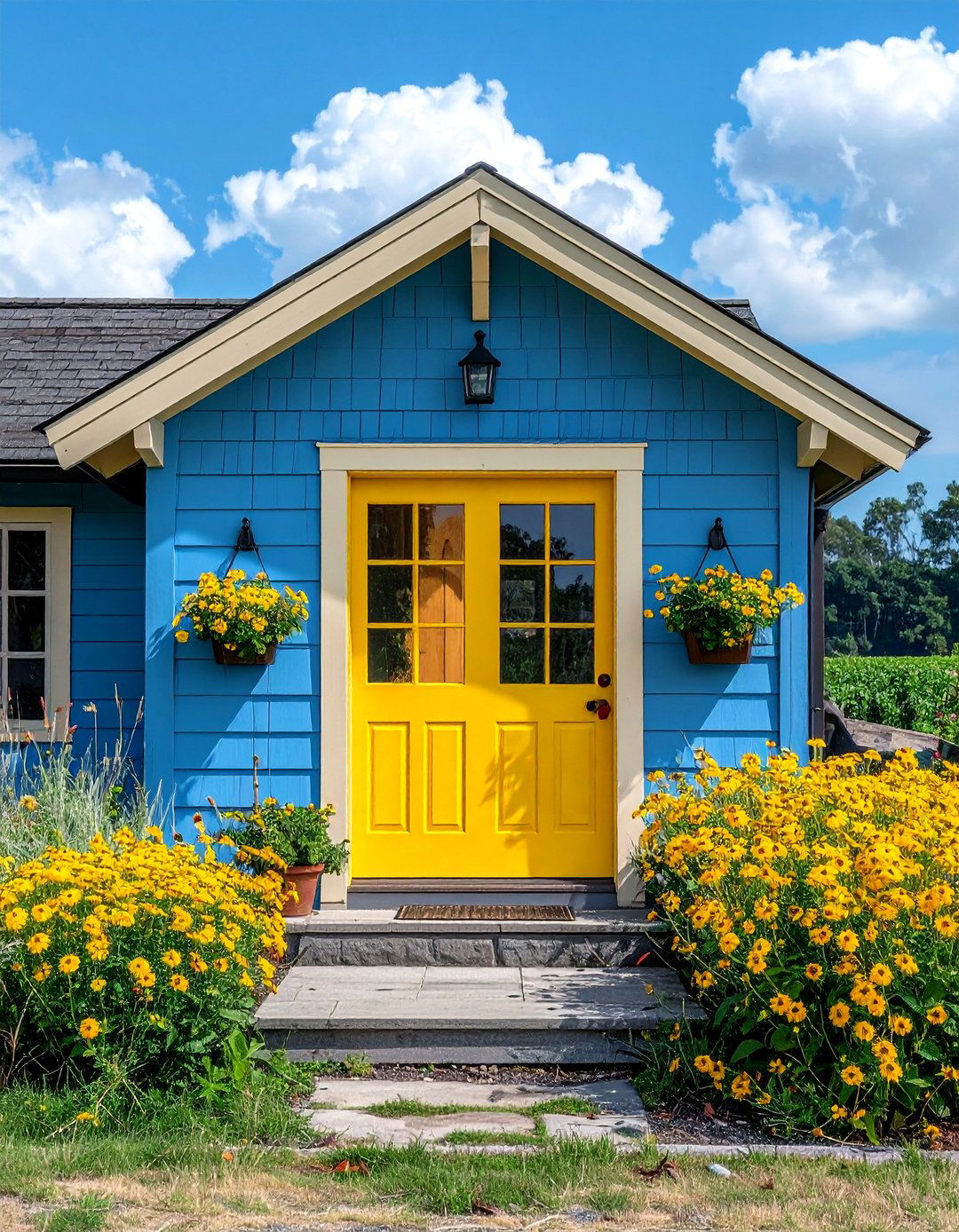 Blue Exterior with Bright Yellow Accents - 30 Blue Exterior House Paint Ideas for Curb Appeal