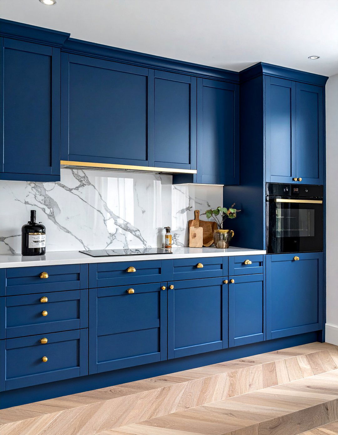 Blue Kitchen Cabinets With Gold Hardware and a Marble Backsplash - 30 Blue Kitchen Cabinets With Gold Hardware Ideas