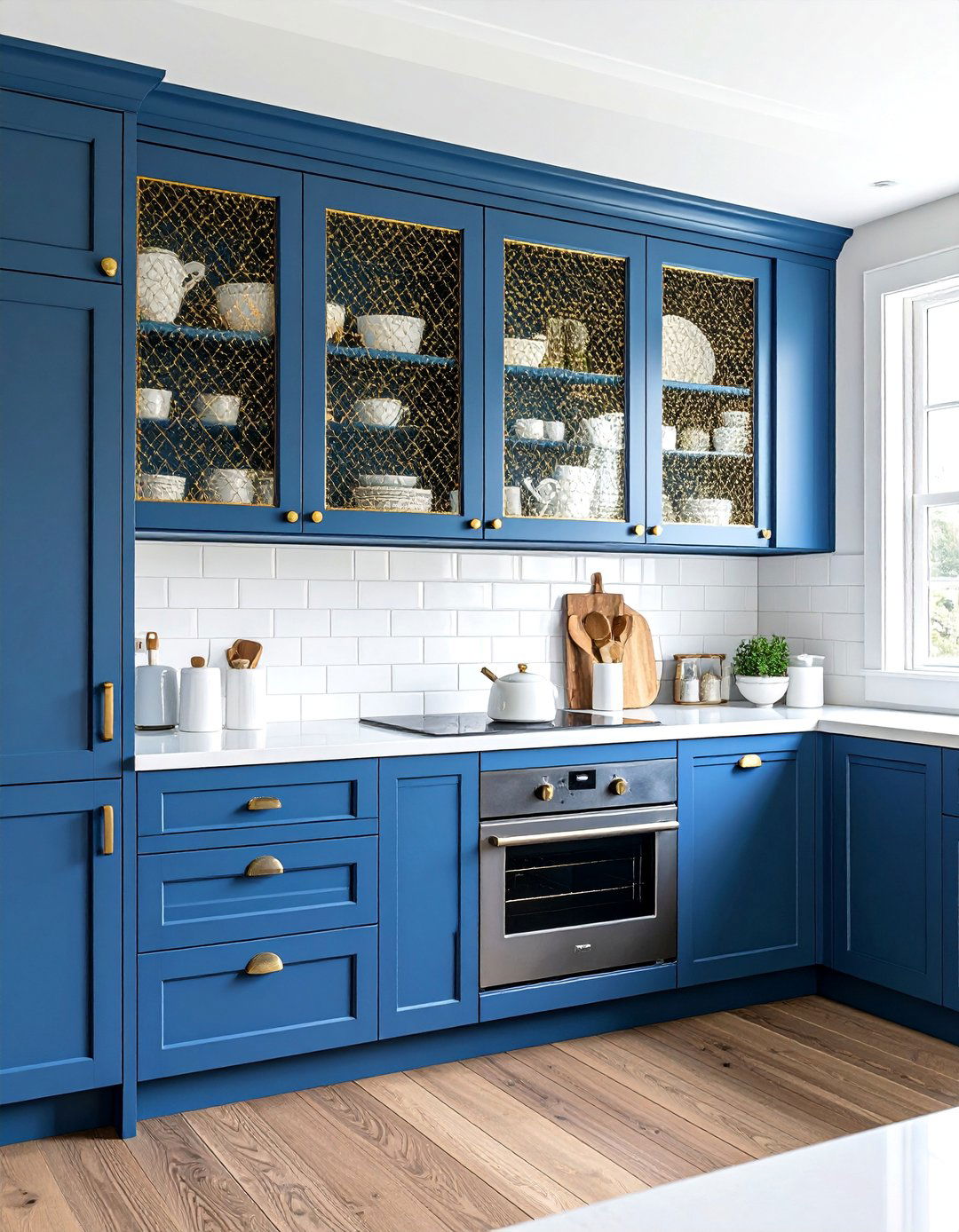 Blue Kitchen Cabinets With Gold Wire Mesh Inserts - 30 Blue Kitchen Cabinets With Gold Hardware Ideas