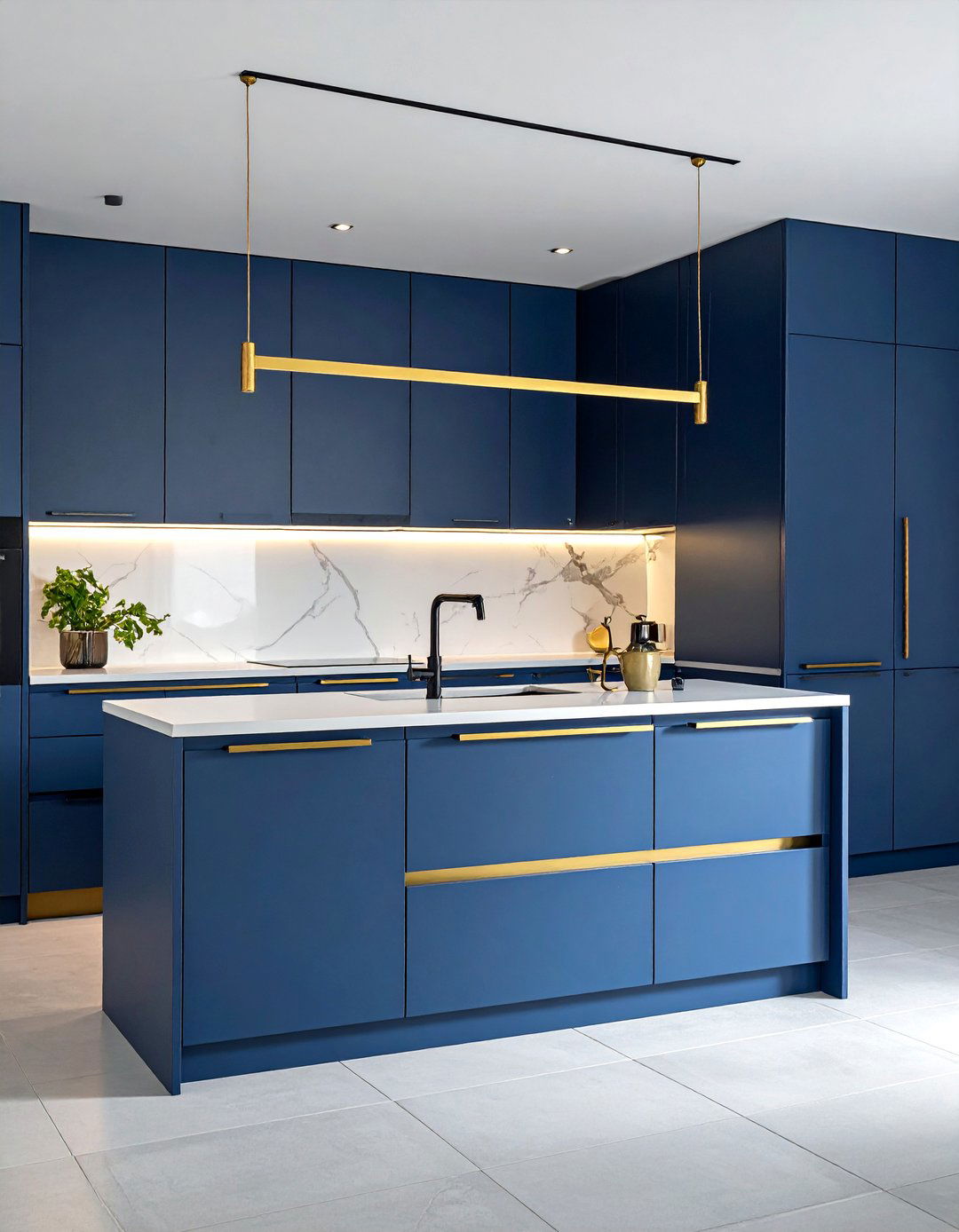 Blue Kitchen Cabinets With Integrated Gold Channel Pulls - 30 Blue Kitchen Cabinets With Gold Hardware Ideas