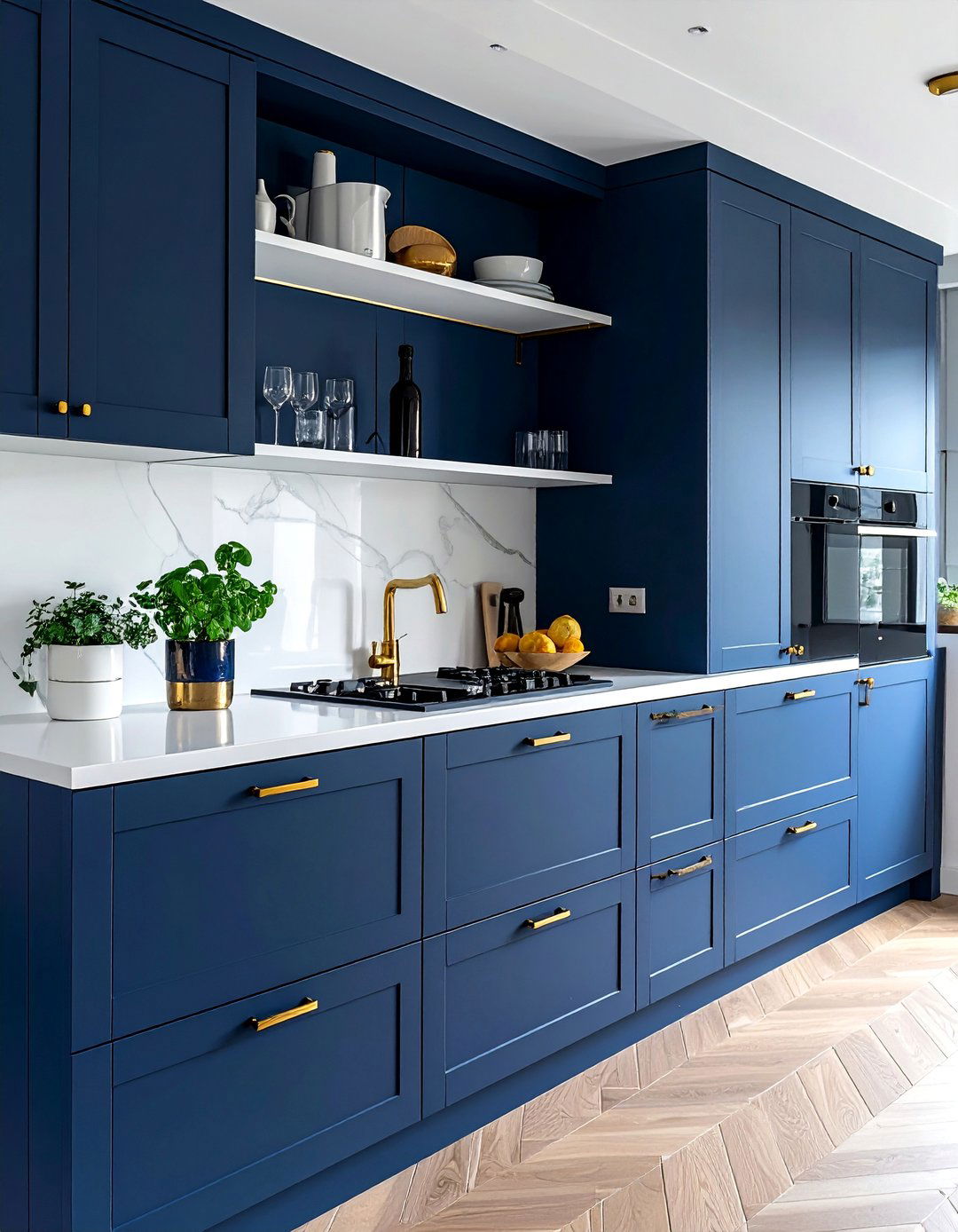 Blue Lower Cabinets and Open Shelving With Gold Brackets - 30 Blue Kitchen Cabinets With Gold Hardware Ideas
