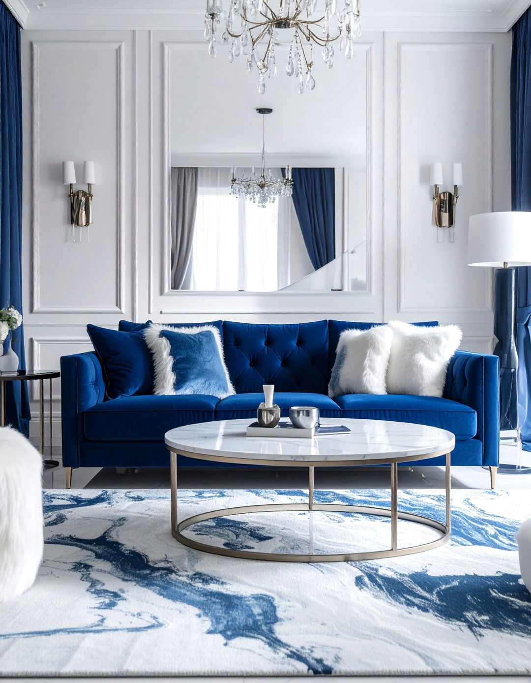 Blue Velvet Sofa with White Accents - 30 Blue and White Decor Ideas for a Fresh Look