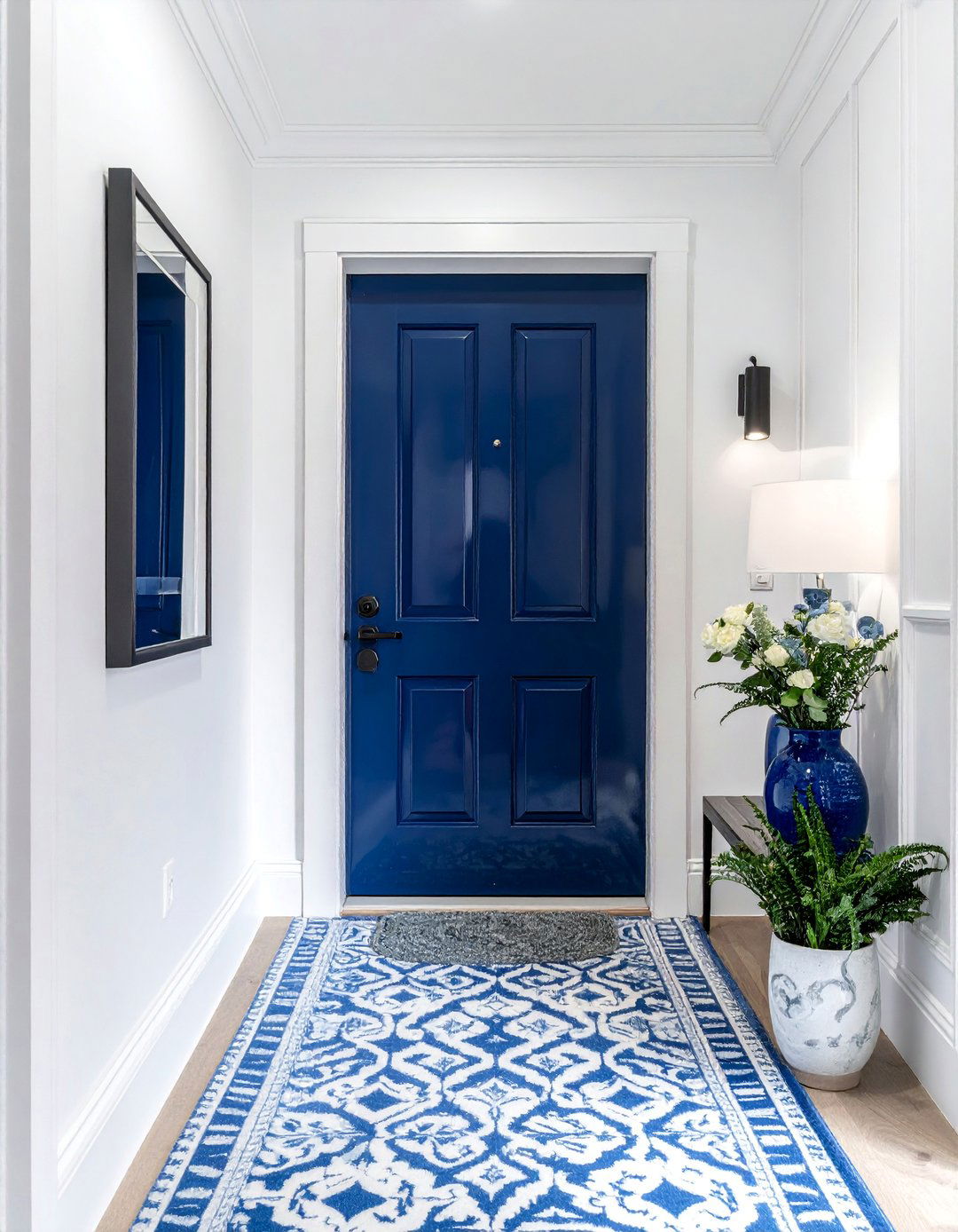 Blue and White Entryway with a Painted Door - 30 Blue and White Decor Ideas for a Fresh Look