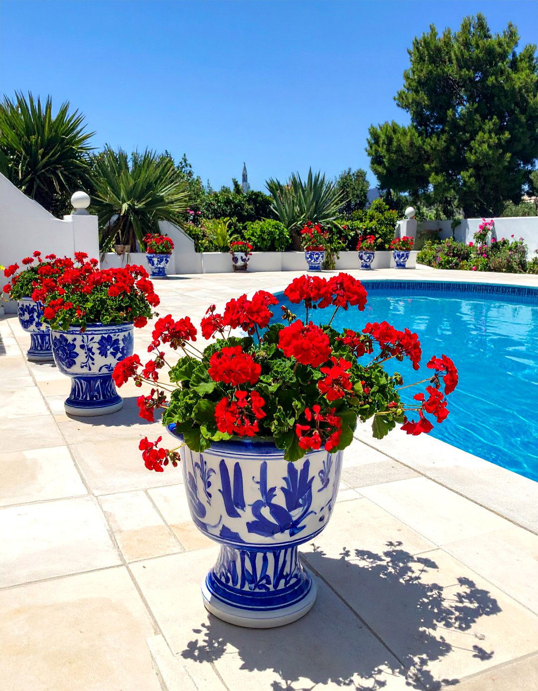 Blue and White Pottery Pool Planters - 30 Pool Planter Ideas for a Lush Backyard Oasis