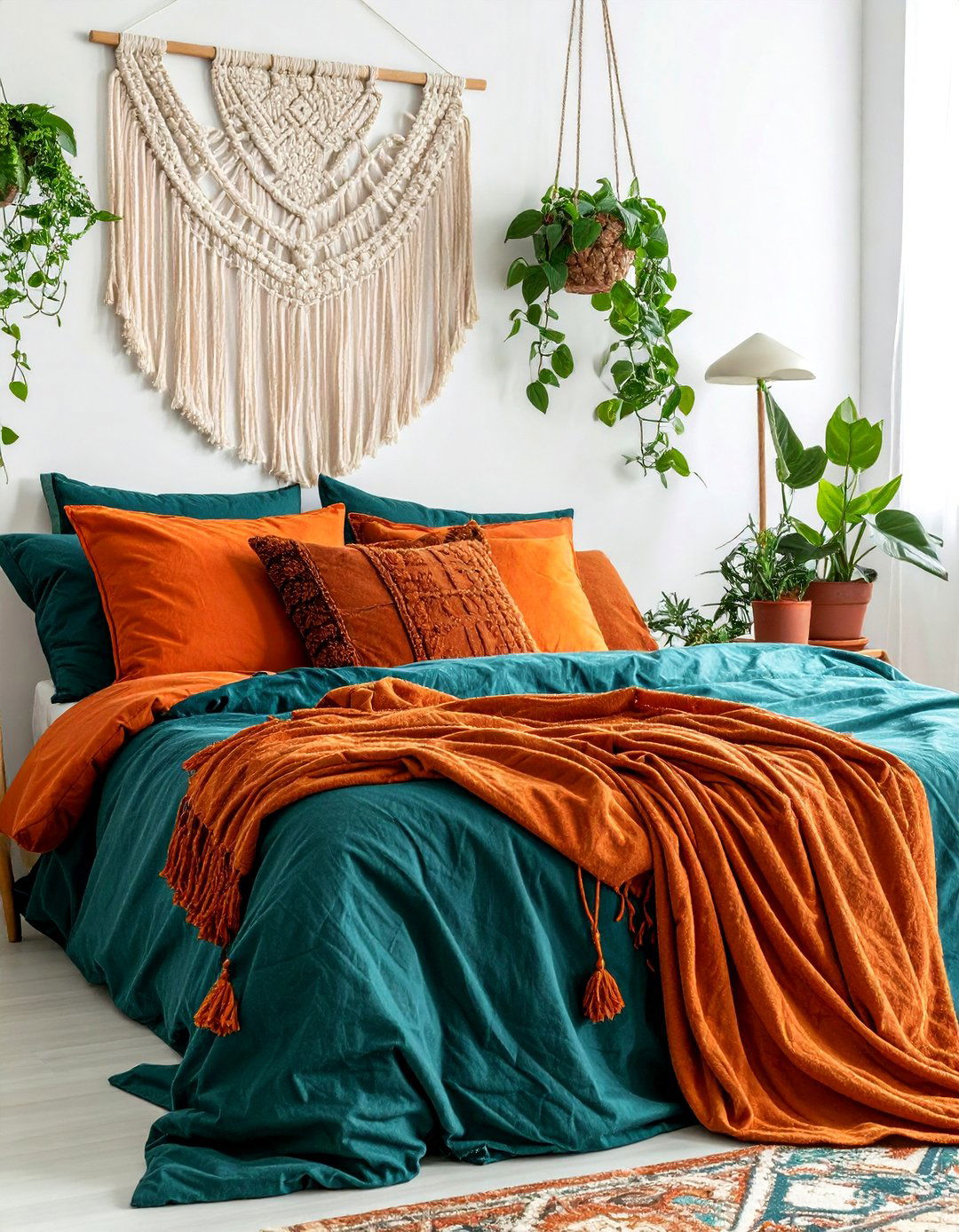 Bohemian Bedroom with Layered Textiles - 20 Teal and Orange Color Scheme Ideas for Your Rooms