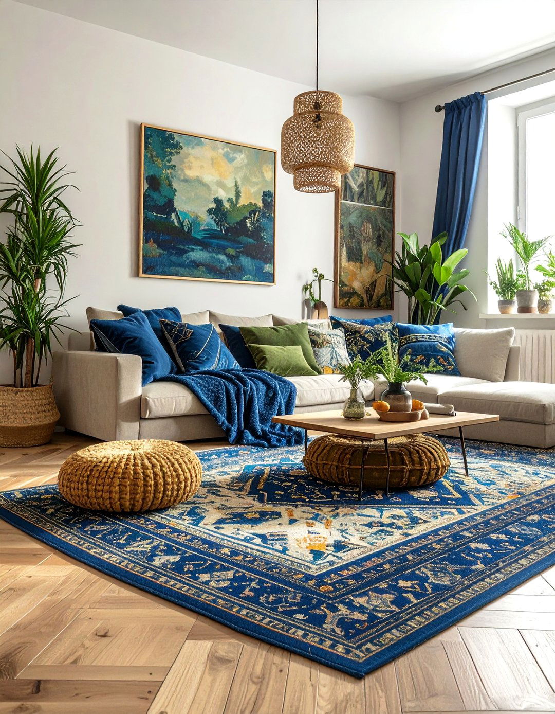 Bohemian Living Room with Layered Blue and Green Textiles - 20 Blue and Green Living Room Ideas for a Fresh Look