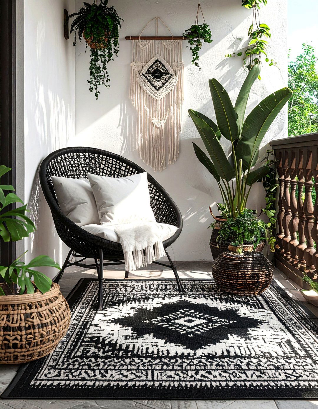 Bohemian Patio with Black and White Textiles - 20 Black and White Patio Ideas for Stylish Outdoor Spaces
