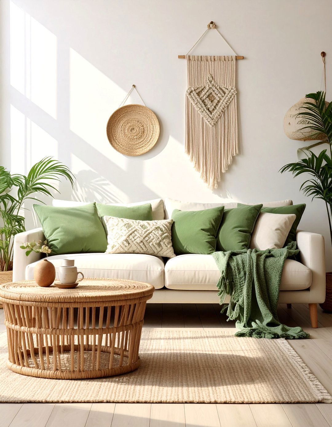 Bohemian Style with Rattan and Macrame - 25 Sage Green and Cream Living Room Ideas