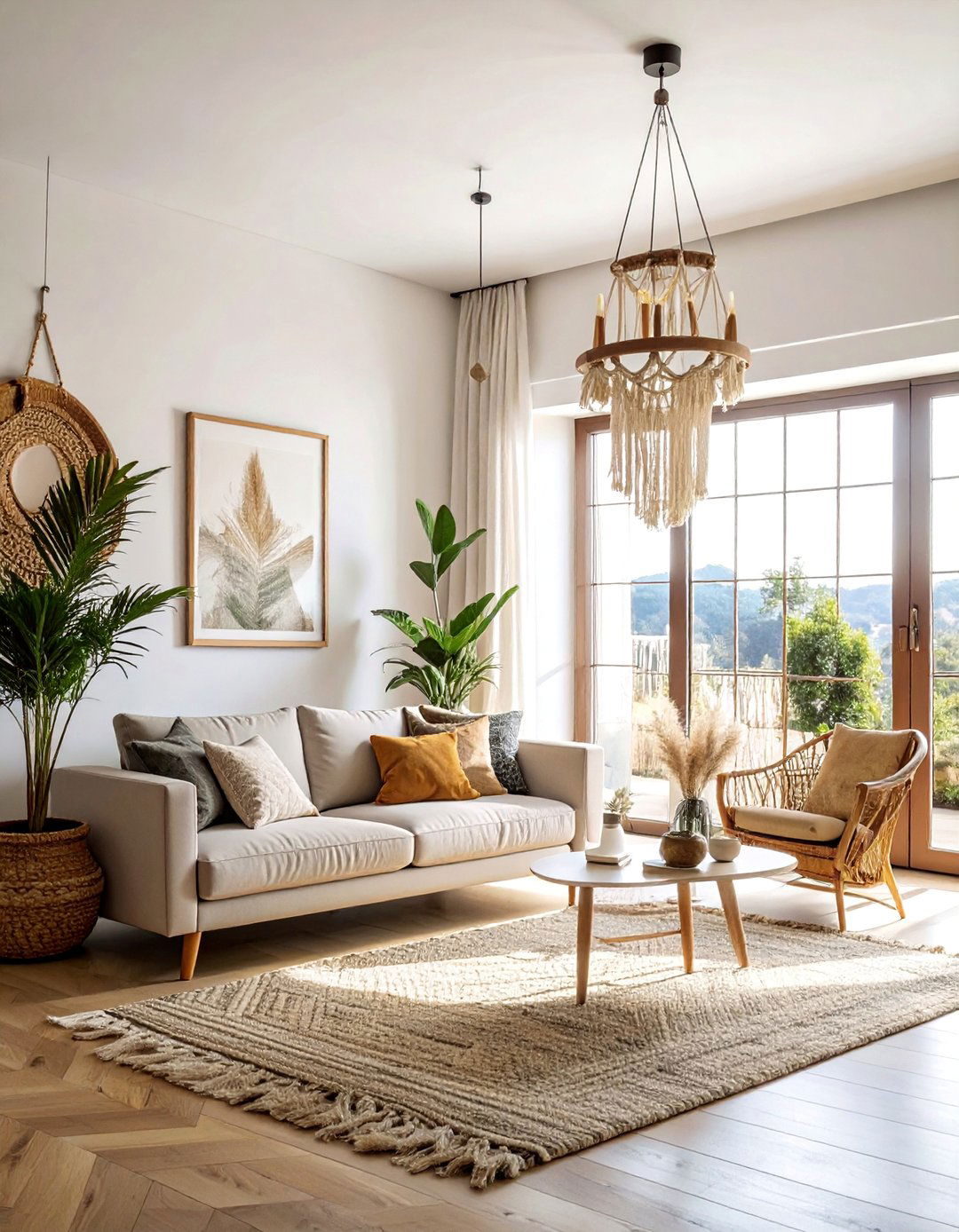 Boho Macrame and Wood Chandelier - 30 Living Room Chandelier Ideas for Elegant Spaces