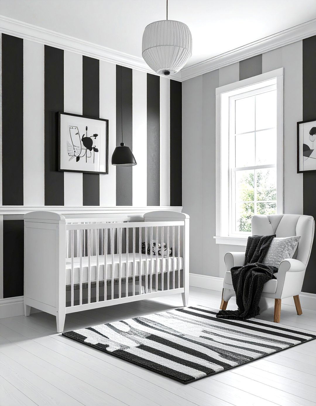 Bold Black and White Striped Accent Wall - 25 Black and White Nursery Ideas for Timeless Style