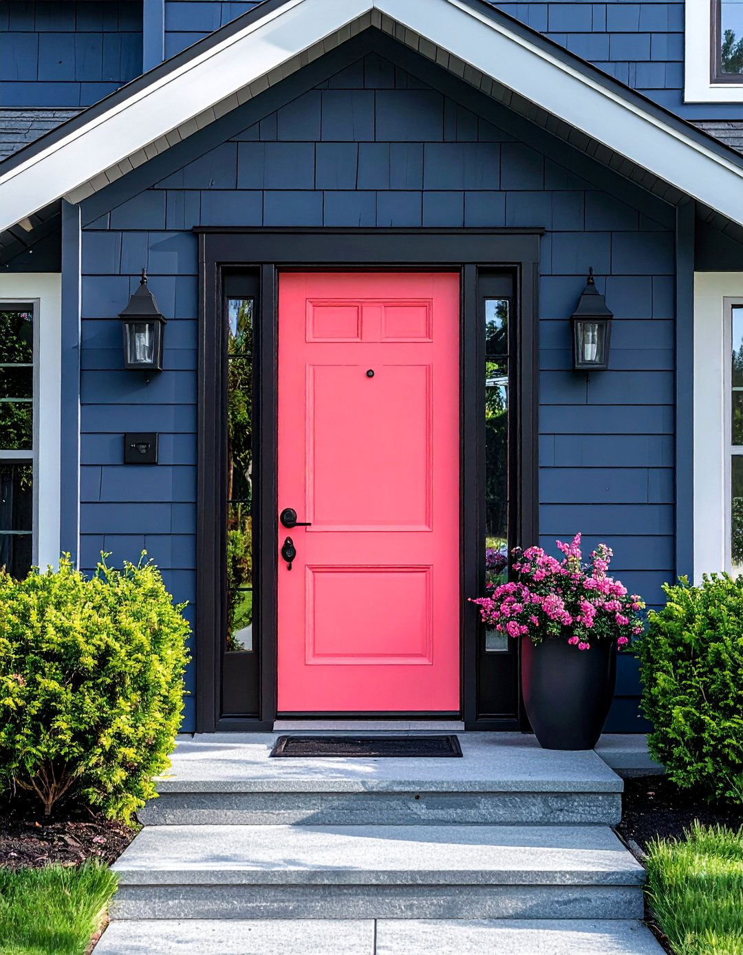 Bold Coral Pink Front Door with Black Accents - 20 Pink Front Door Ideas for a Charming Entrance