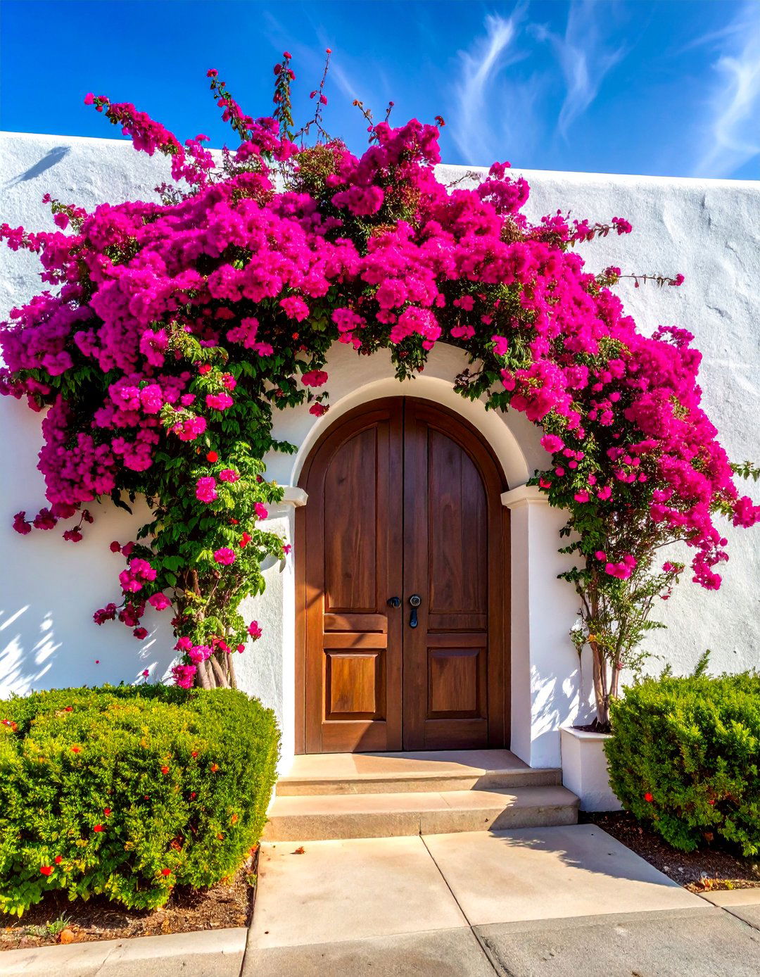 Bougainvillea Climbing a Feature Wall - 20 Front Yard Spanish Style Landscaping Ideas