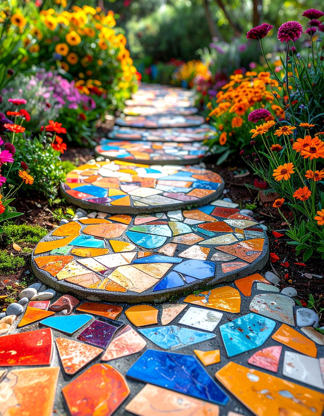 Broken Tile Mosaic Stepping Stone Walkway - 30 Unique Stepping Stone Walkway Ideas for Your Yard