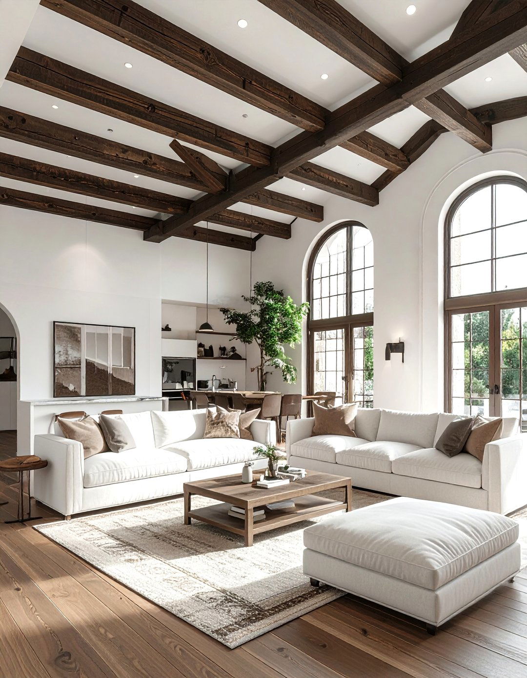 Brown Ceiling Beams in a White Living Room - 30 Brown and White Living Room Ideas for a Warm Look