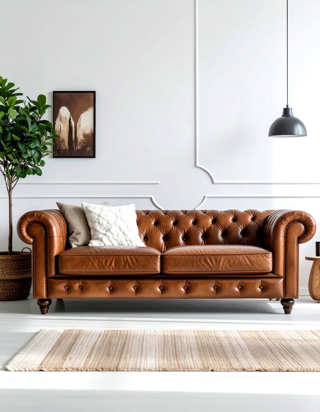 Brown Leather Sofa in a Crisp White Setting - 30 Brown and White Living Room Ideas for a Warm Look