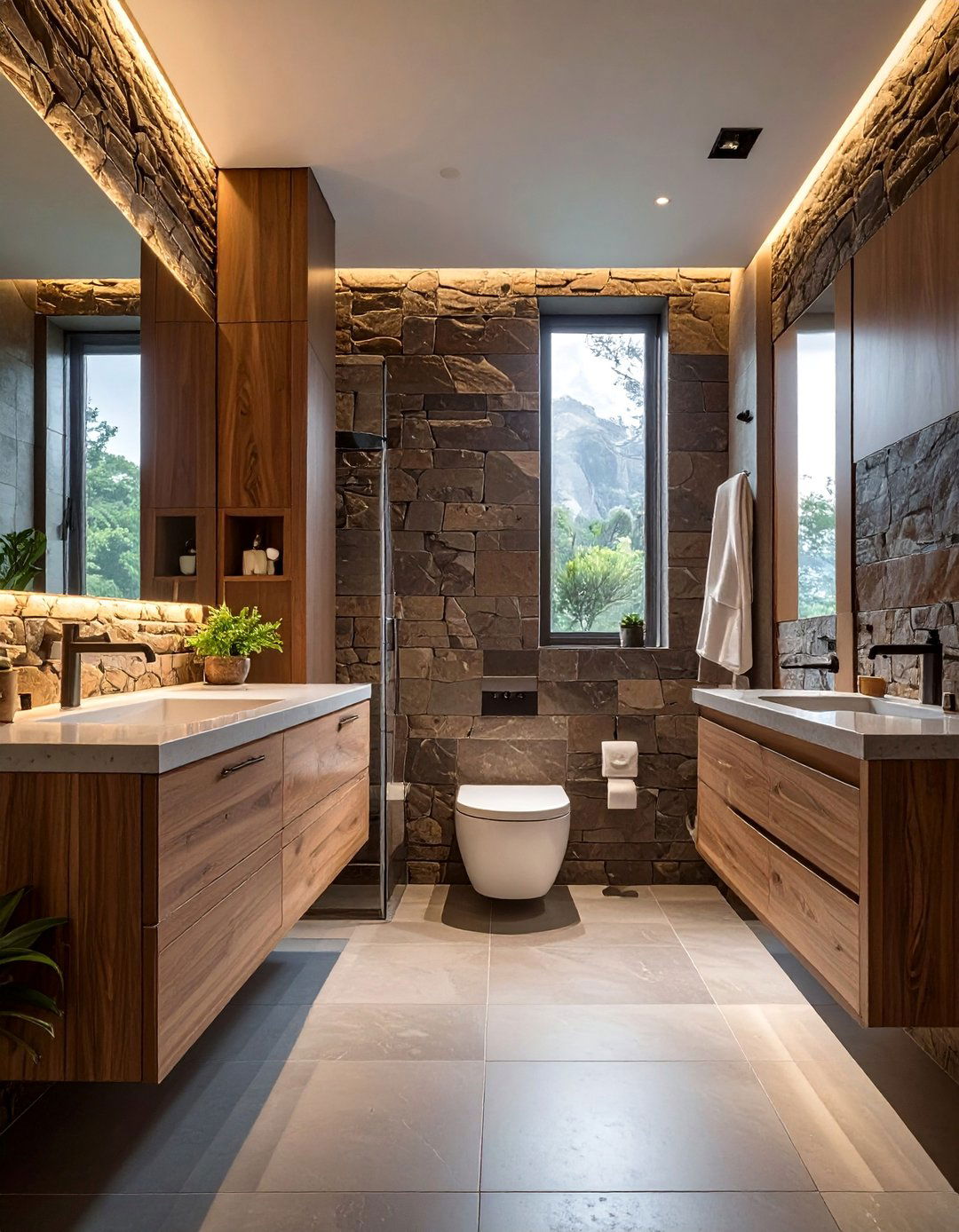 Brown Stone Accent Wall Feature - 25 Brown Bathroom Ideas for a Relaxing and Elegant Space