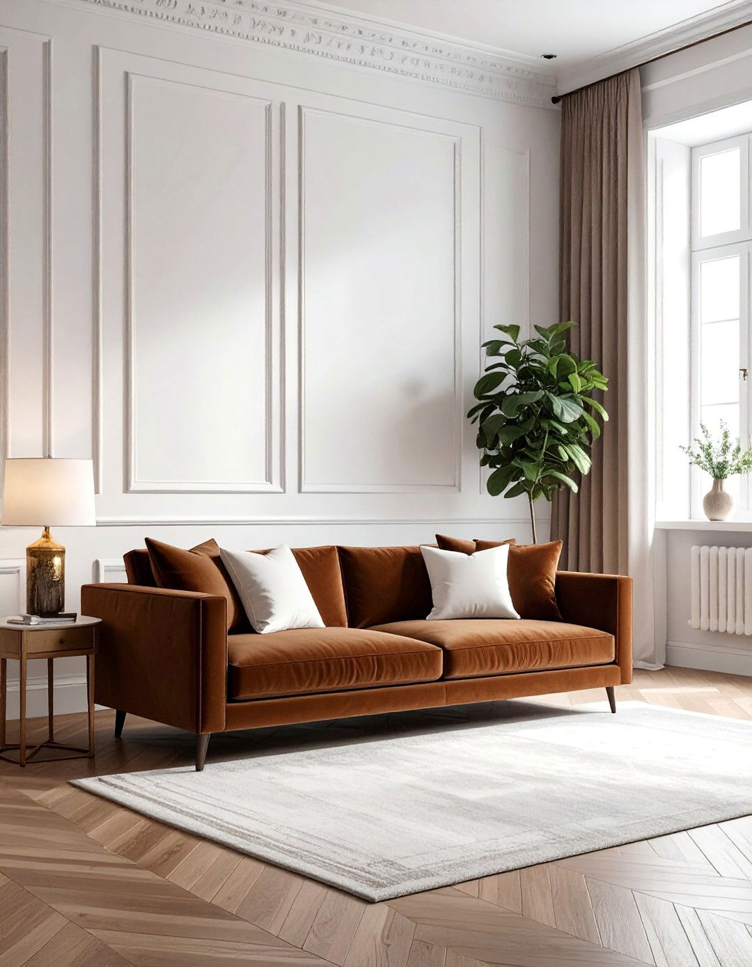 Brown Velvet Sofa with White Cushions - 30 Brown and White Living Room Ideas for a Warm Look
