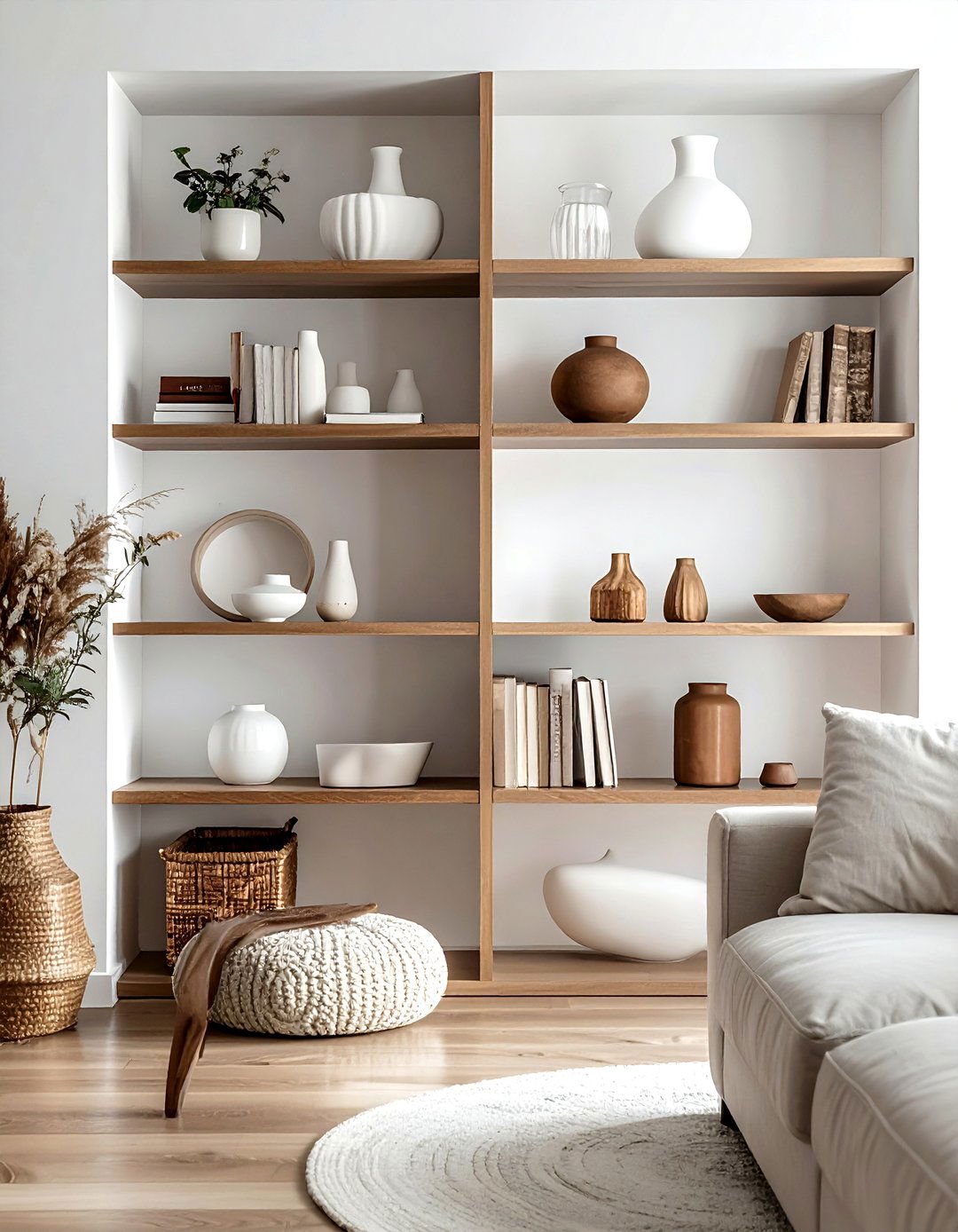 Brown and White Curated Bookshelf Styling - 30 Brown and White Living Room Ideas for a Warm Look