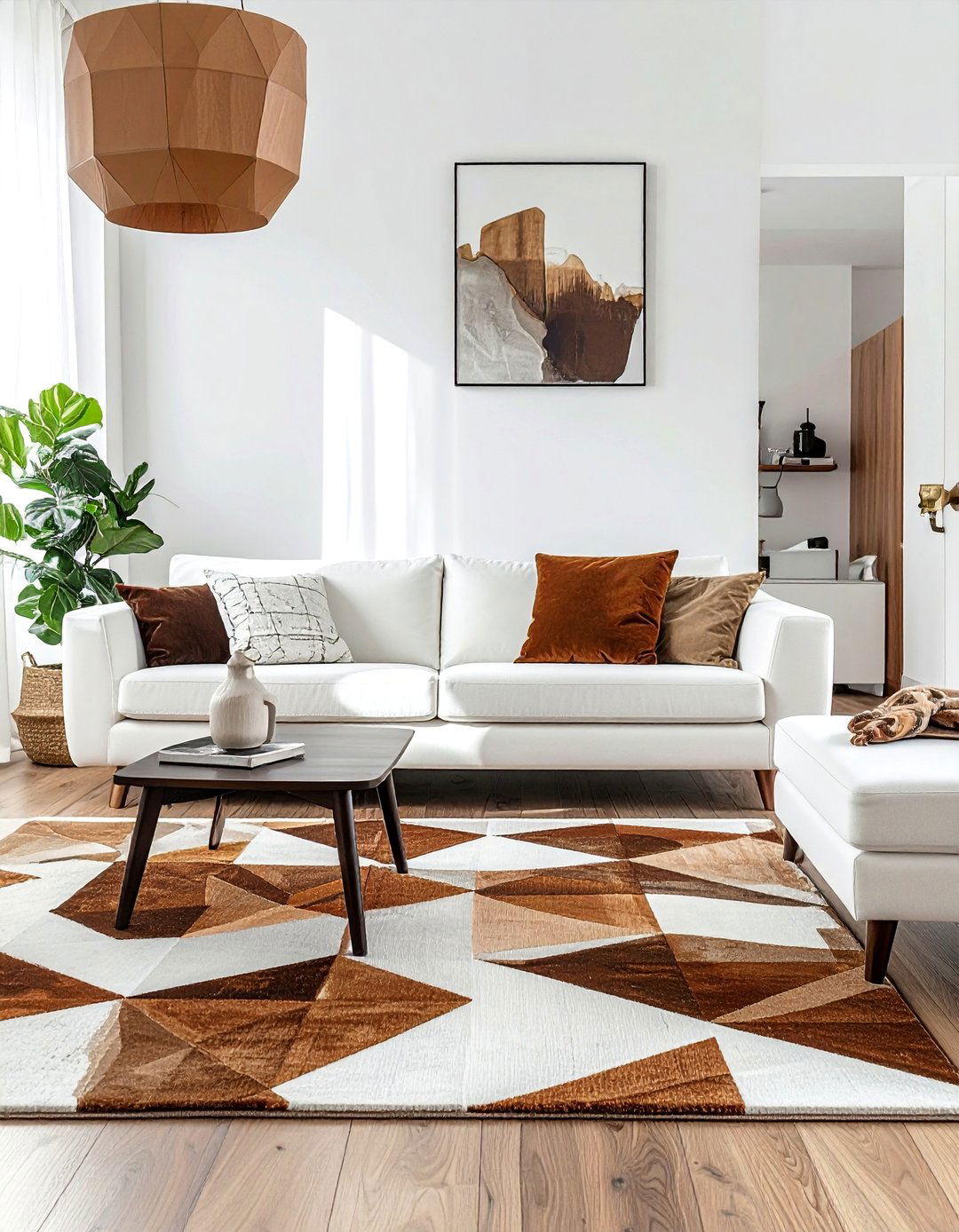 Brown and White Geometric Patterned Rug - 30 Brown and White Living Room Ideas for a Warm Look