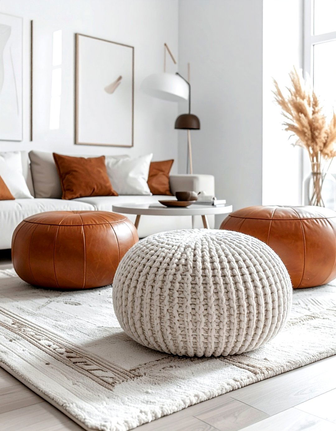 Brown and White Poufs for Flexible Seating - 30 Brown and White Living Room Ideas for a Warm Look