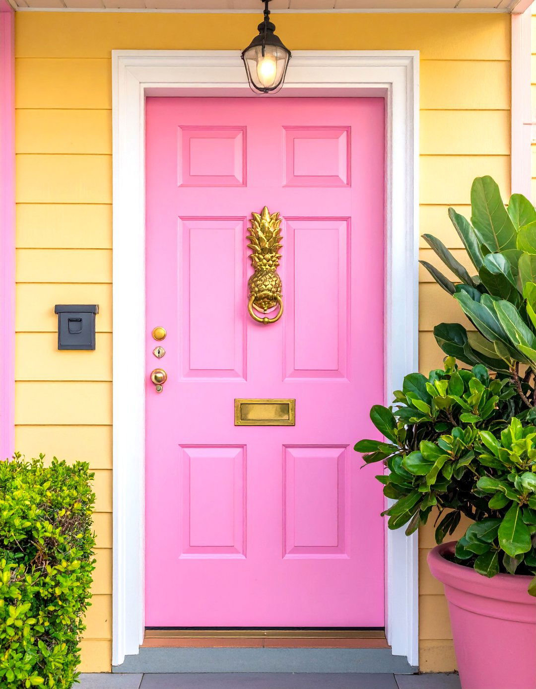 Bubblegum Pink Front Door with a Unique Door Knocker - 20 Pink Front Door Ideas for a Charming Entrance