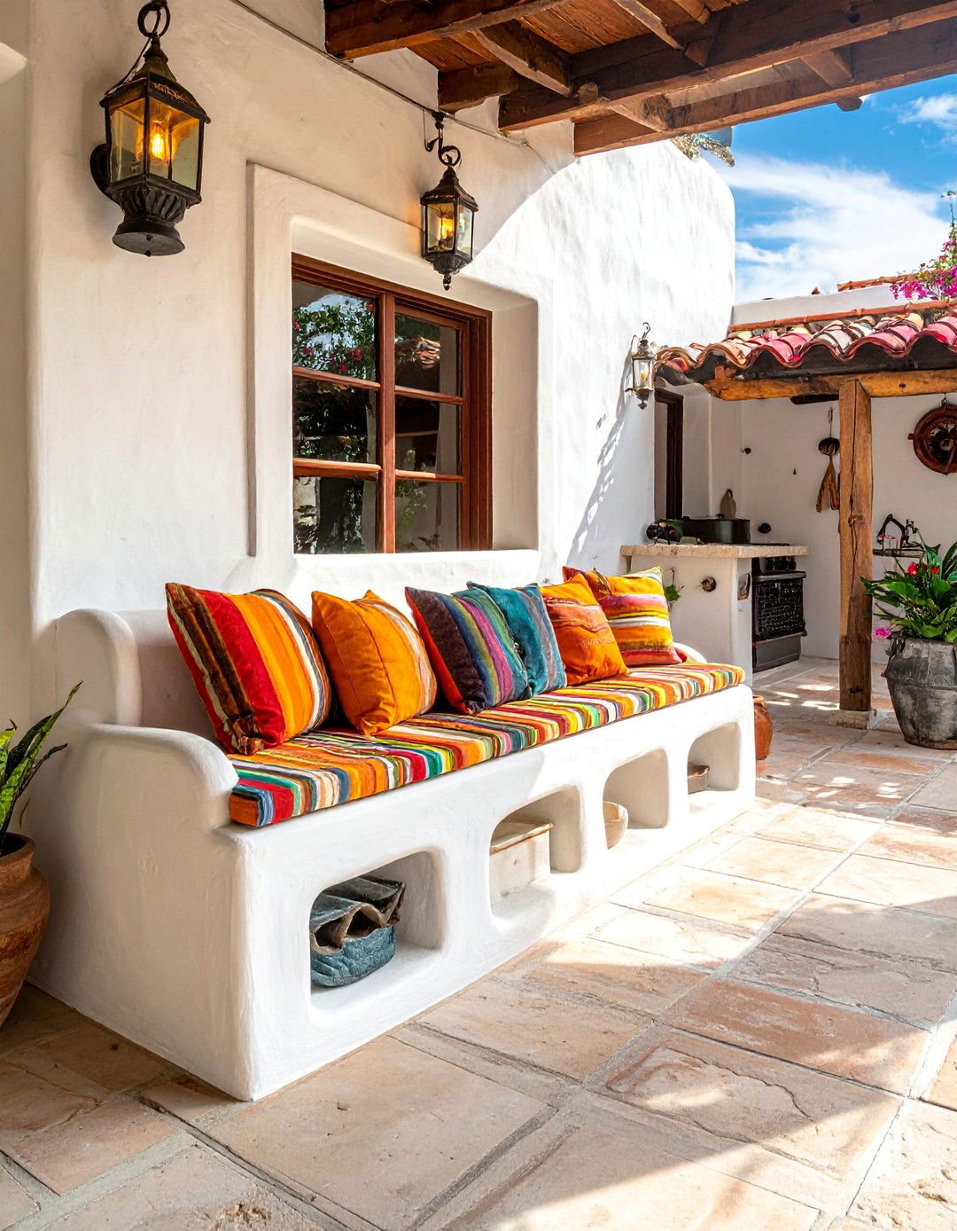 Built in Adobe Style Bench Seating - 20 Mexican Outdoor Kitchen Ideas for Entertaining