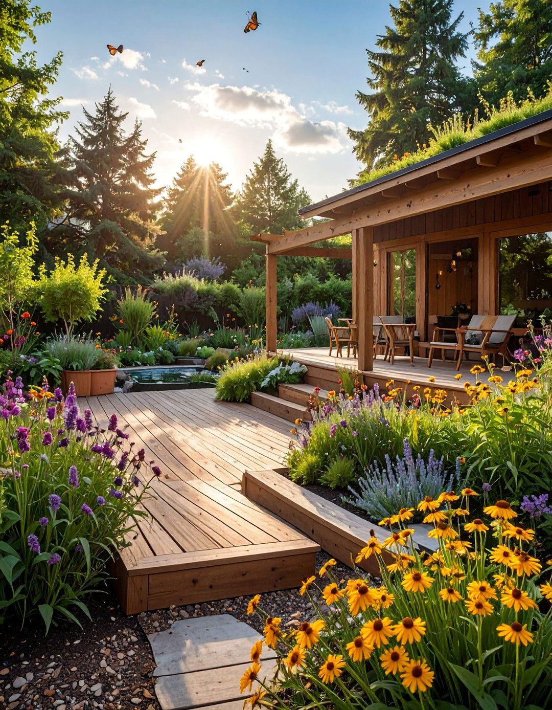 Butterfly Garden Deck with Pollinator Patio - 30 Deck and Patio Combination Ideas for Outdoor Living