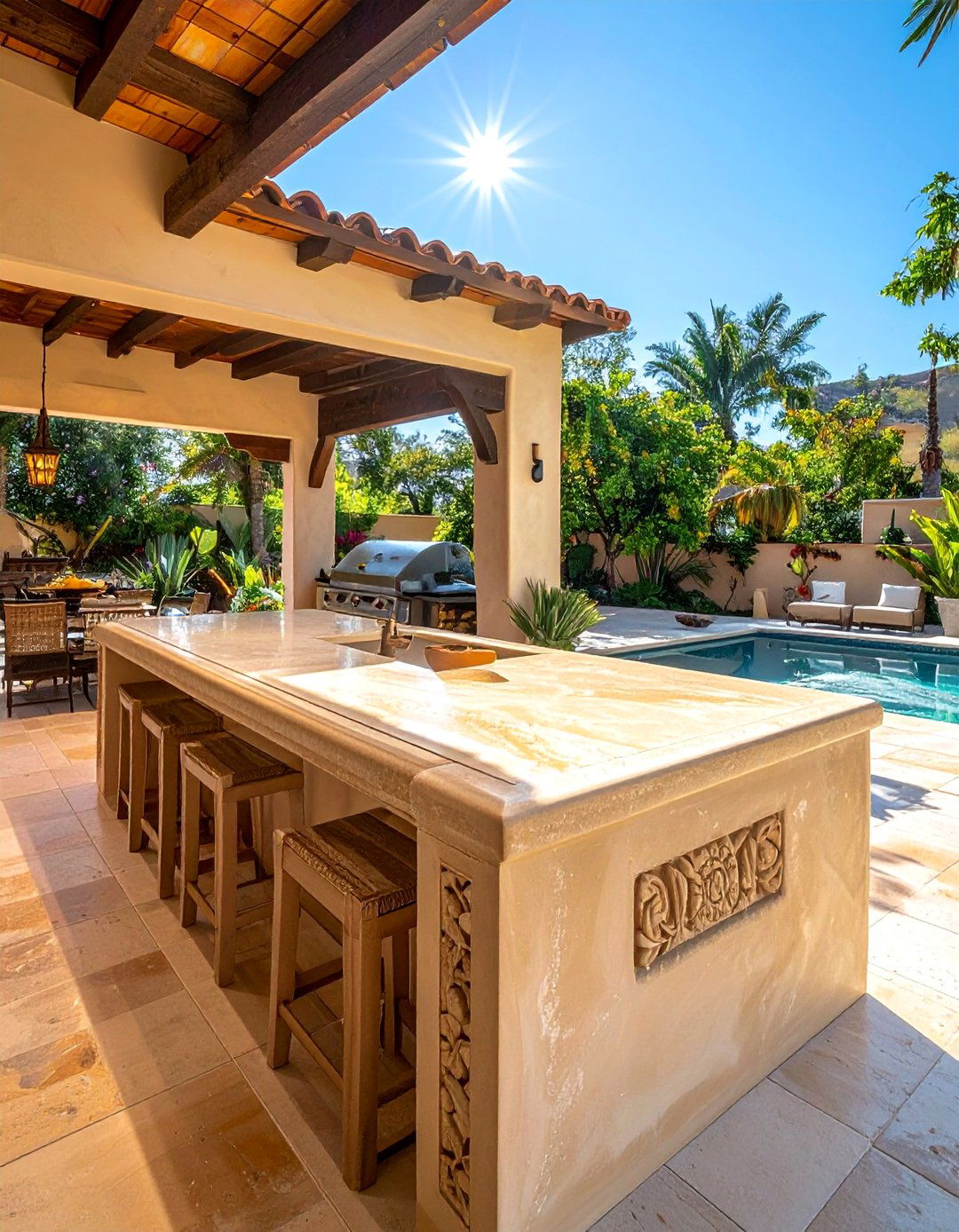 Cantera Stone Countertops in a Mexican Outdoor Kitchen - 20 Mexican Outdoor Kitchen Ideas for Entertaining