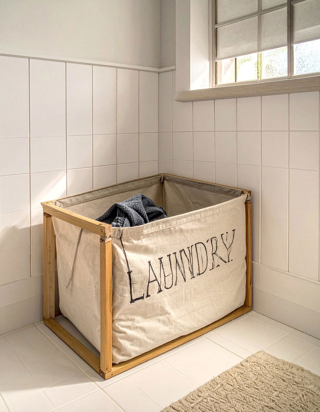 Canvas Laundry Hamper in a Farmhouse Bathroom - 40 Farmhouse Bathroom Ideas for Rustic Charm