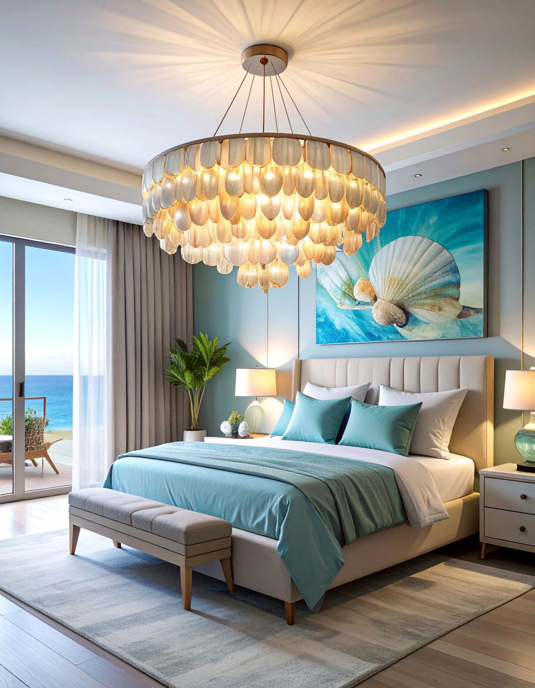 Capiz Shell Chandelier in an Ocean themed Bedroom - 40 Ocean-themed Bedroom Ideas for a Serene Retreat