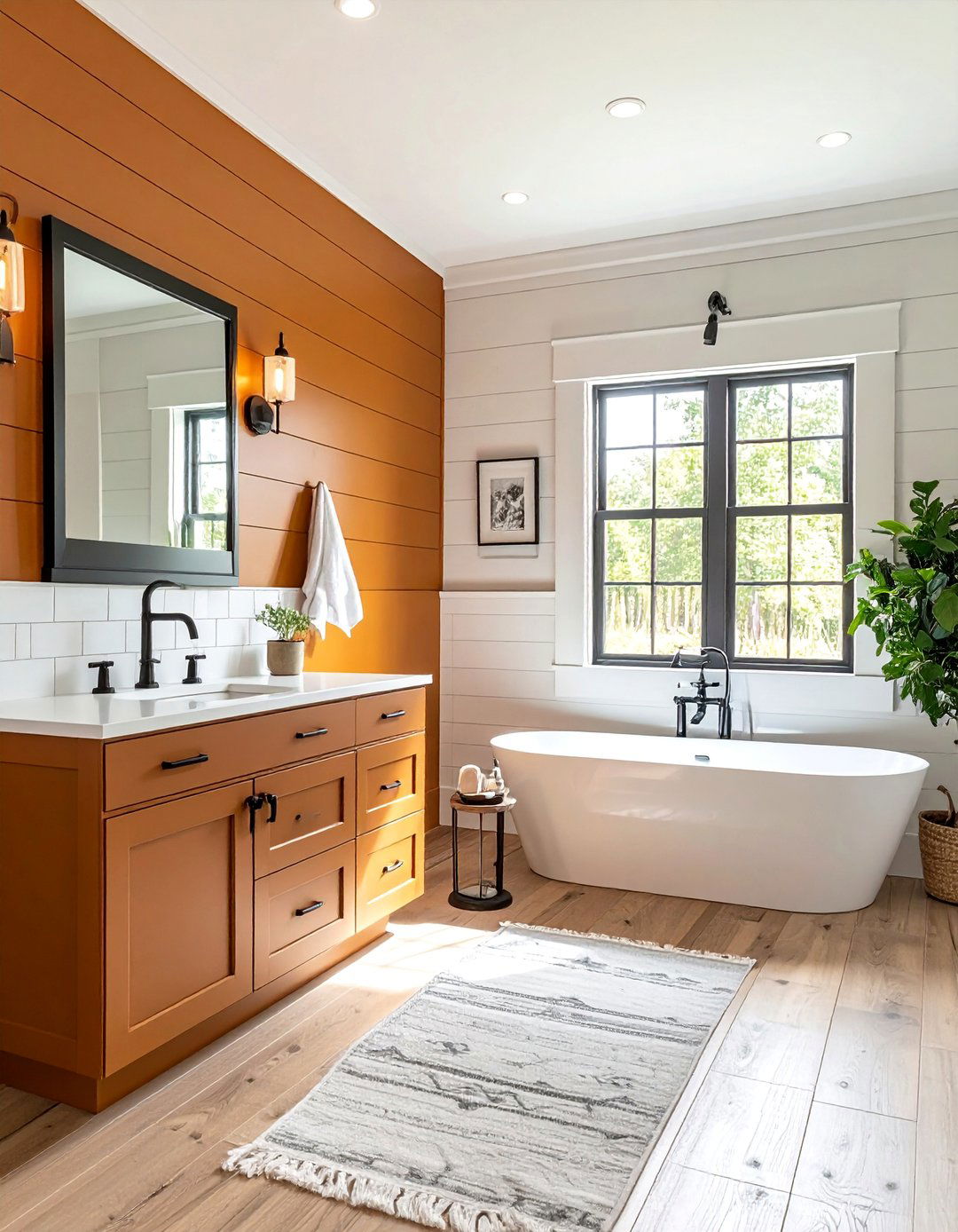 Caramel Brown Modern Farmhouse - 25 Brown Bathroom Ideas for a Relaxing and Elegant Space
