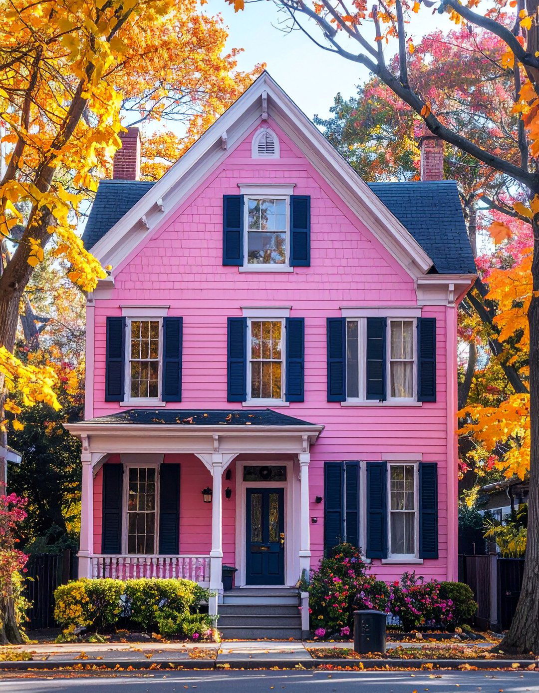 Carnation Pink Victorian House with Navy Blue Shutters - 25 Pink Victorian House Ideas for a Charming Home