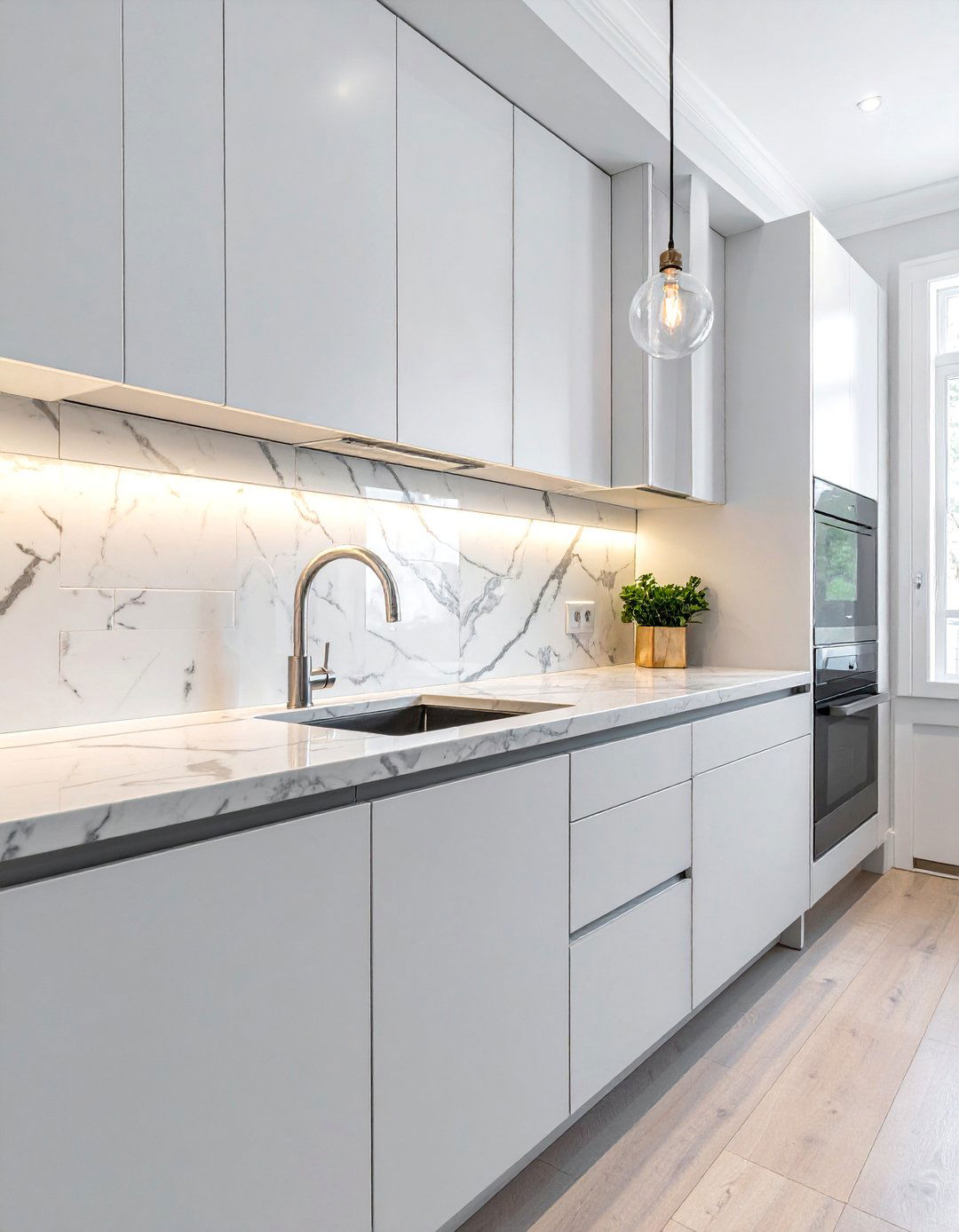 Carrara Marble Subway Tile Design - 40 Kitchen Backsplash Ideas for White Cabinets