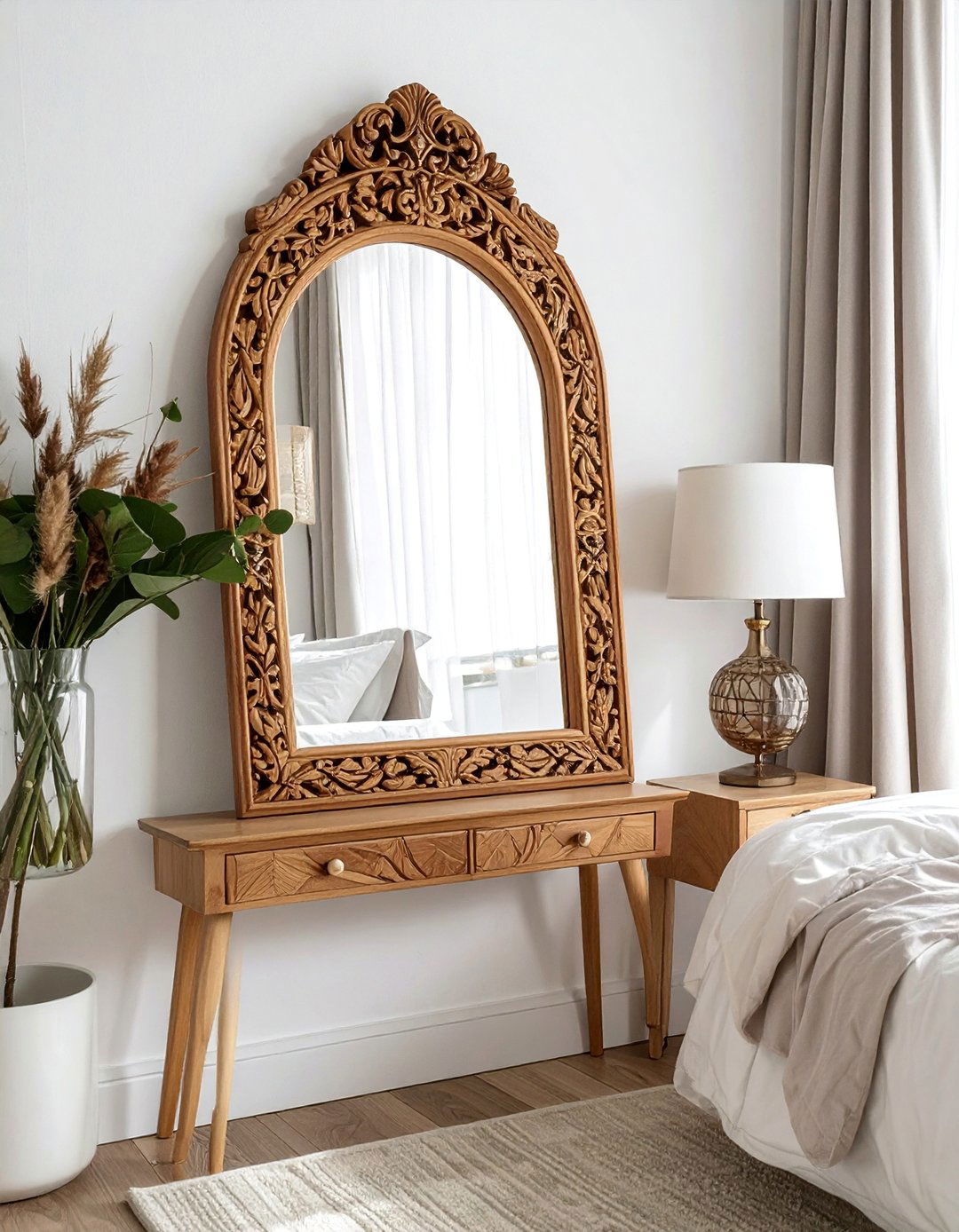Carved Wooden Frame Mirrors - 30 Mirror Behind Nightstand Ideas for Stylish Bedrooms