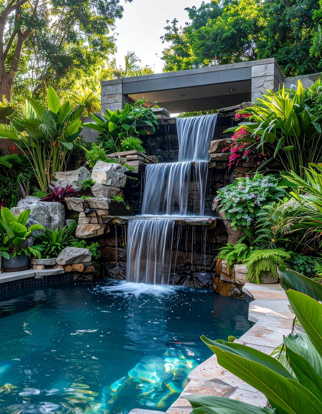 Cascading Spillway Pool Planters - 30 Pool Planter Ideas for a Lush Backyard Oasis