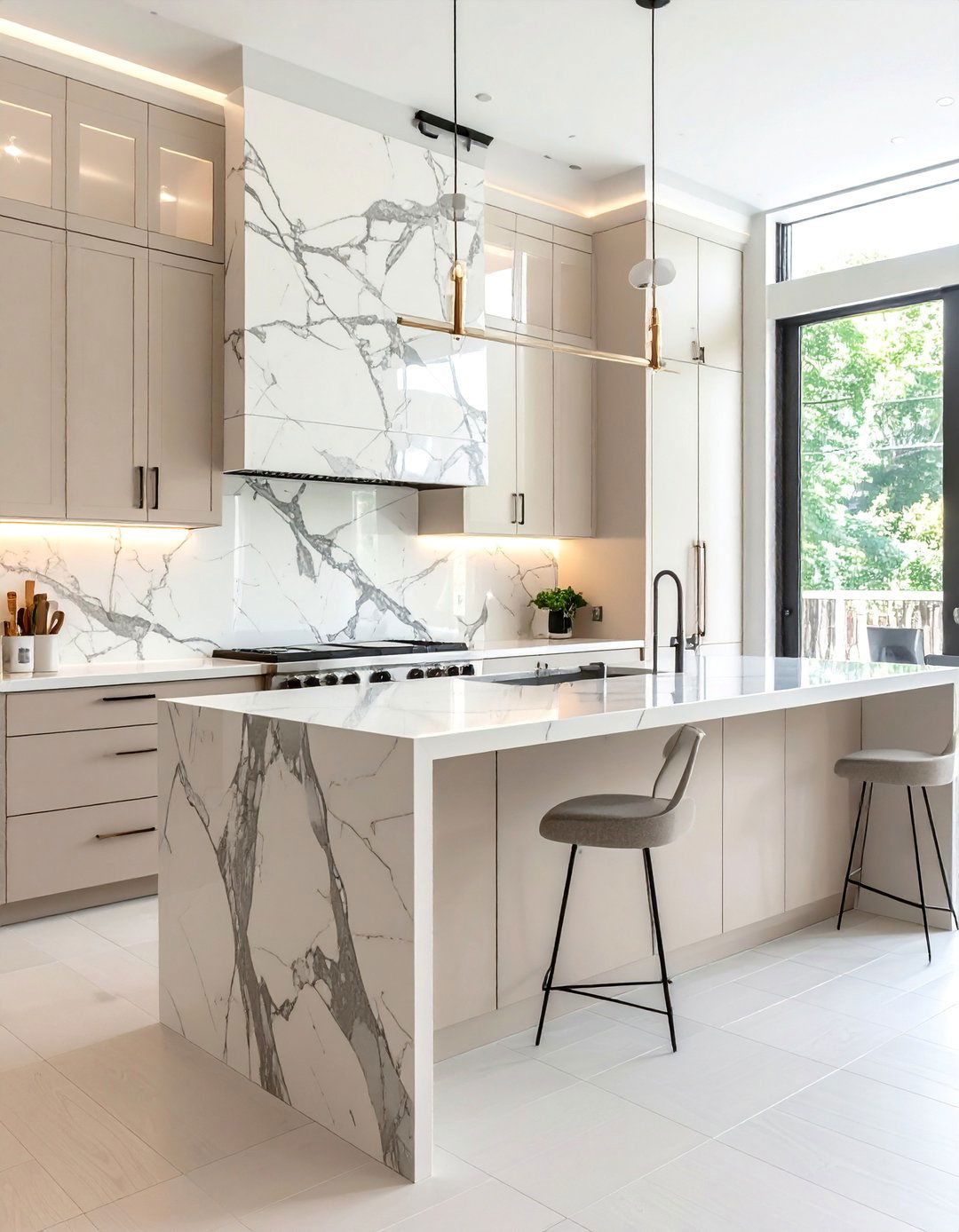 Cashmere Cabinets Paired with a Marble Backsplash - 20 Cashmere Kitchen Ideas for a Soft, Luxurious Look