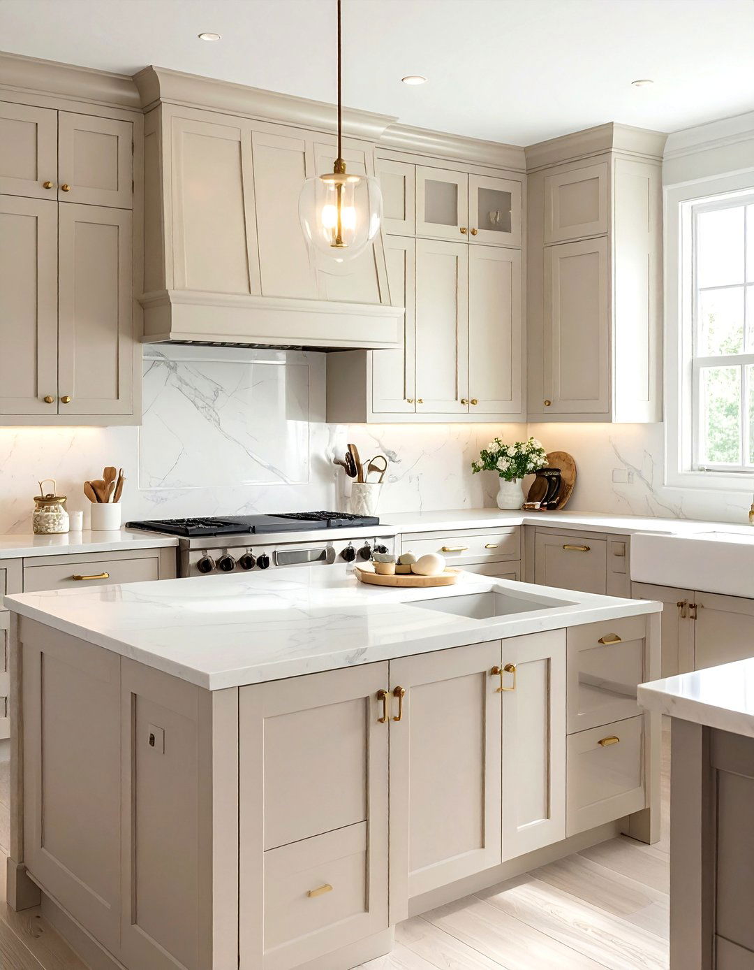 Cashmere Shaker Cabinets with Brass Hardware - 20 Cashmere Kitchen Ideas for a Soft, Luxurious Look