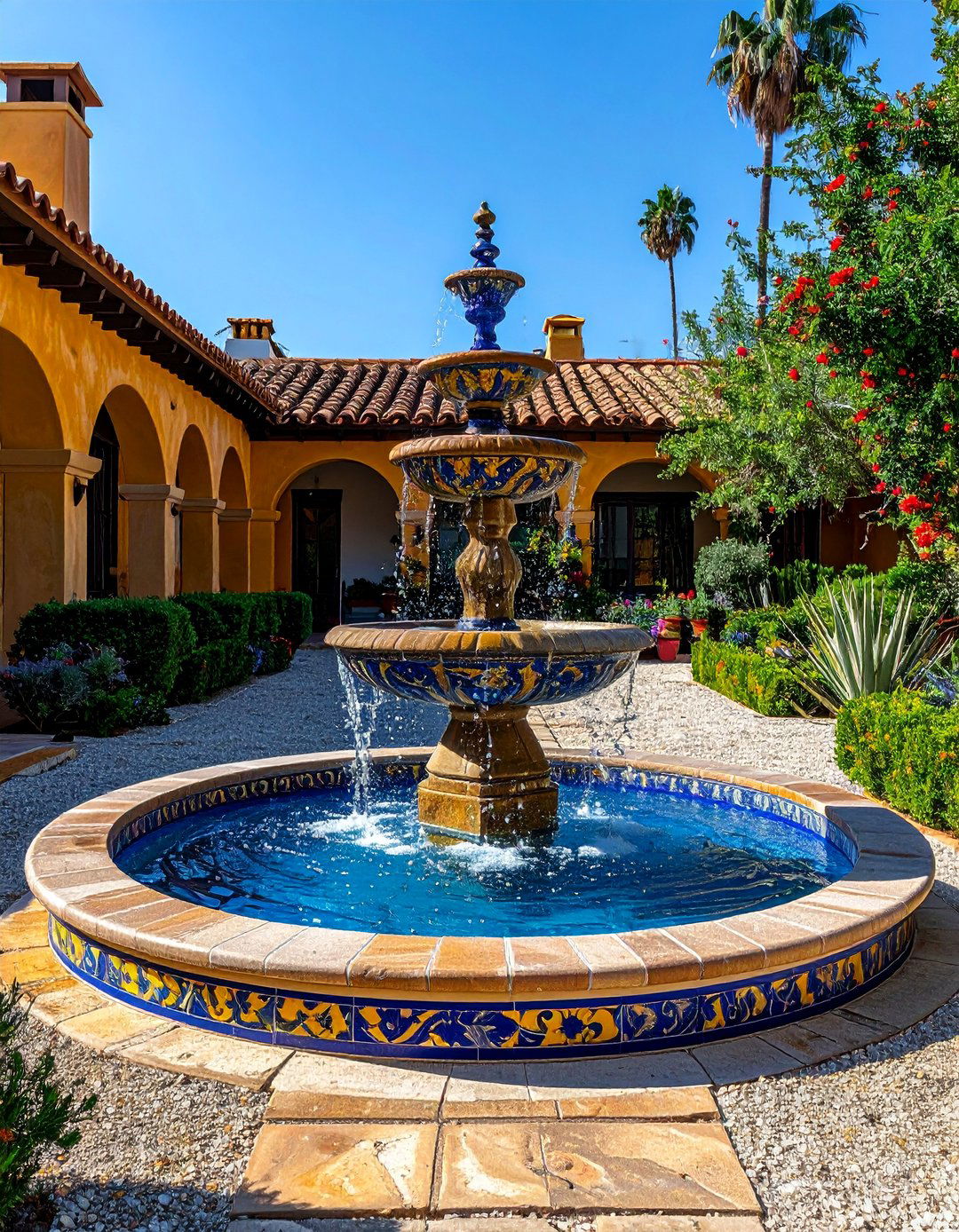 Central Water Fountain Feature - 20 Front Yard Spanish Style Landscaping Ideas